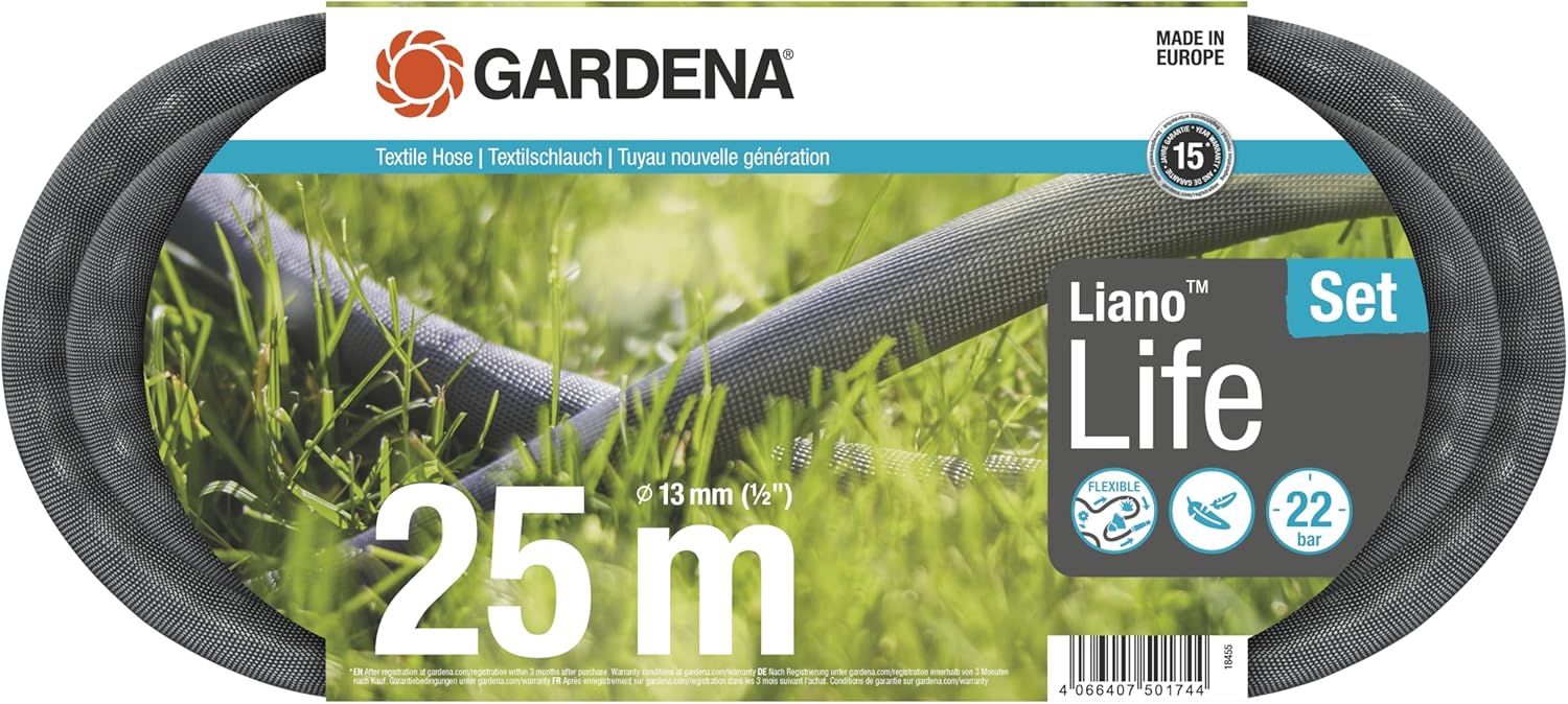 Gardena Liano Life Textile Hose 1/2 inch, 25m: Highly flexible textile garden hose, with PVC inner tube, no kinking, lightweight, weather-resistant (18455-20) - Packaging May Vary