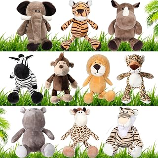 HyDren 10 Pcs Safari Stuffed Animals Plush Jungle Animal Toys for Girls Boys, Elephant Giraffe Lion Tiger Monkey Rhinoceros Zebra White Tiger Leopard Hippo for School Classroom Achievement Award
