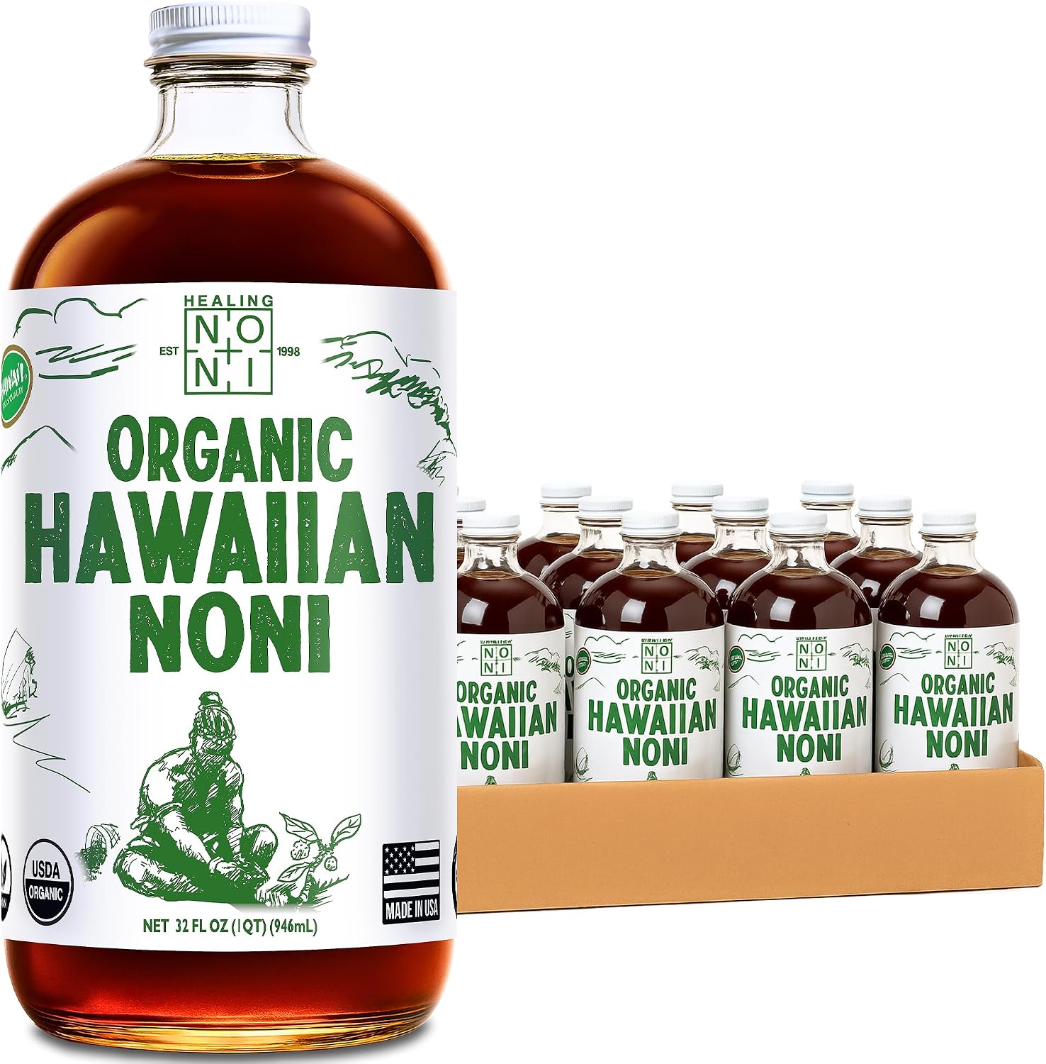 Healing Noni - 100% Pure Noni Juice - USDA Organic, Full Strength, Wellness Drink, Hawaiian-Grown Superfood - (32oz, 12 Pack)