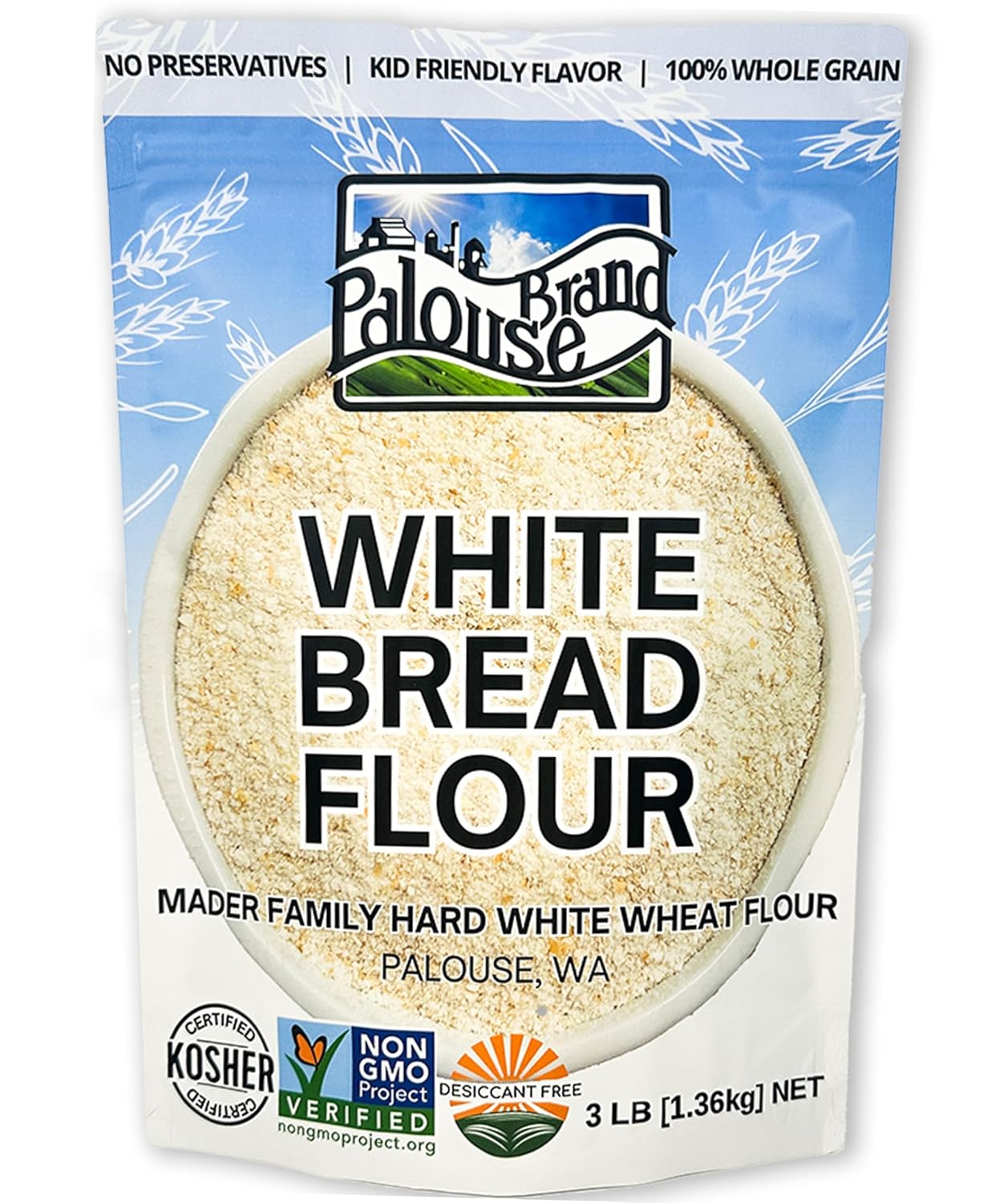 Certified Glyphosate Residue Free Hard White Whole Wheat Flour | 3 LBS | Bread Flour | Non-GMO | 100% Non-Irradiated | Kosher | USA Grown | Field Traced | Resealable Bag