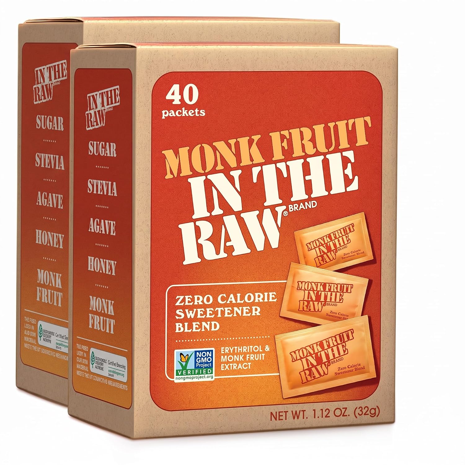MONK FRUIT IN THE RAW, Natural Monk Fruit Sweetener w/Erythritol, Sugar-Free, Keto, Gluten Free, Zero Calorie, Low Carb, Vegan Sugar Substitute, 40 Count Packets (Pack of 2)