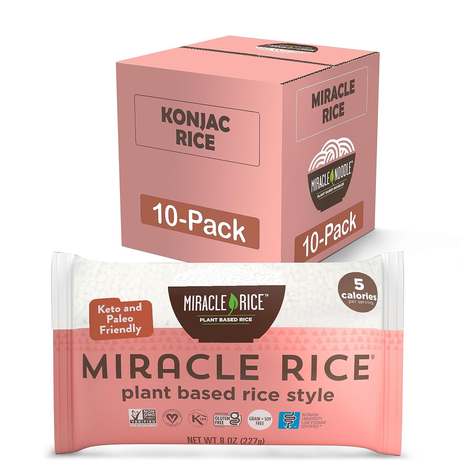 Miracle Noodle Miracle Rice, 8 Oz (Pack of 10), Plant Based Shirataki Konjac Rice, 5 Calories, 1g Net Carbs Per Serving, Keto, Gluten-Free