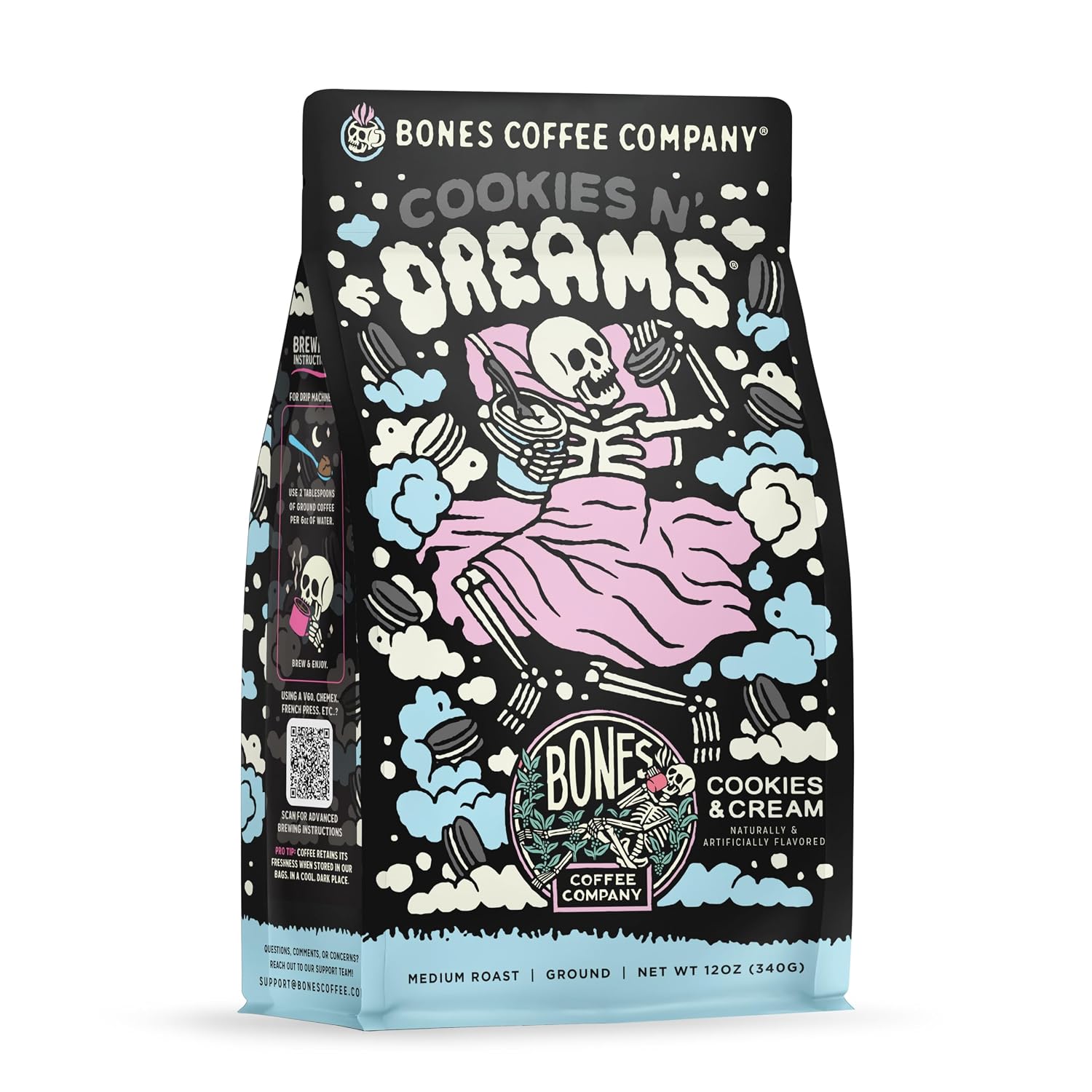Bones Coffee Company Cookies 'N Dreams Cookies and Cream Flavored Coffee, Medium Roast Low Acid Arabica Beans Compatible with Auto drip and French Press Coffee Maker, 12 Oz Ground