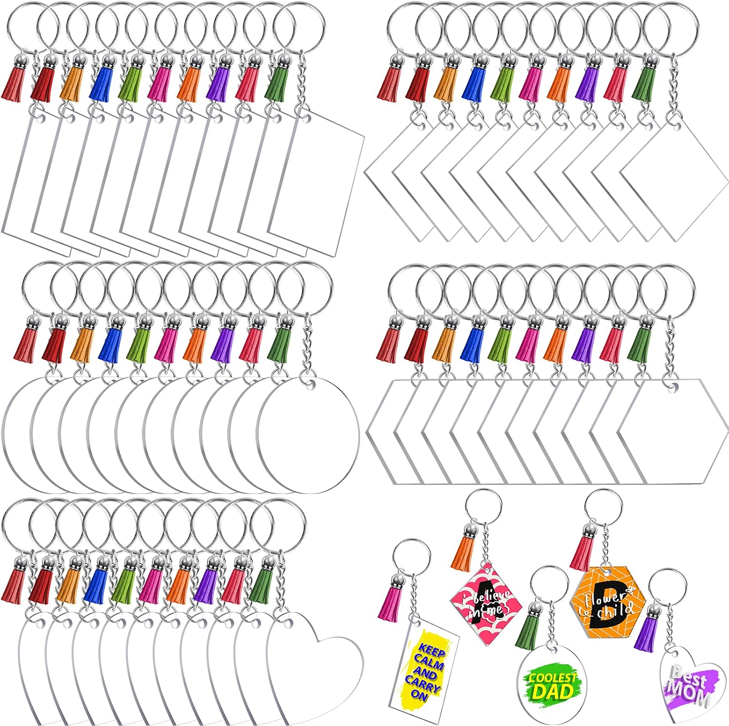 Cruzix 200Pcs Blank Keychains for Vinyl, Acrylic Keychain Blanks Bulk with 5 Shapes Clear Acrylic Disc Leather Tassel Charms Key Chains Jump Ring for DIY Craft Ornament Engrave Painting