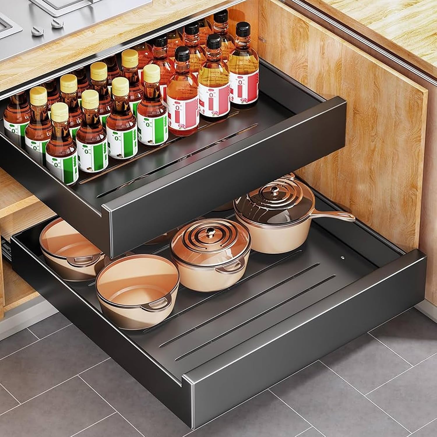 Comfortica Pull Out Cabinet Organiser – Extendable Slide Out Drawers – Large Heavy Duty Organiser Pantry Shelves for Living Room, Bathroom and Kitchen (Black, 1 Pack)