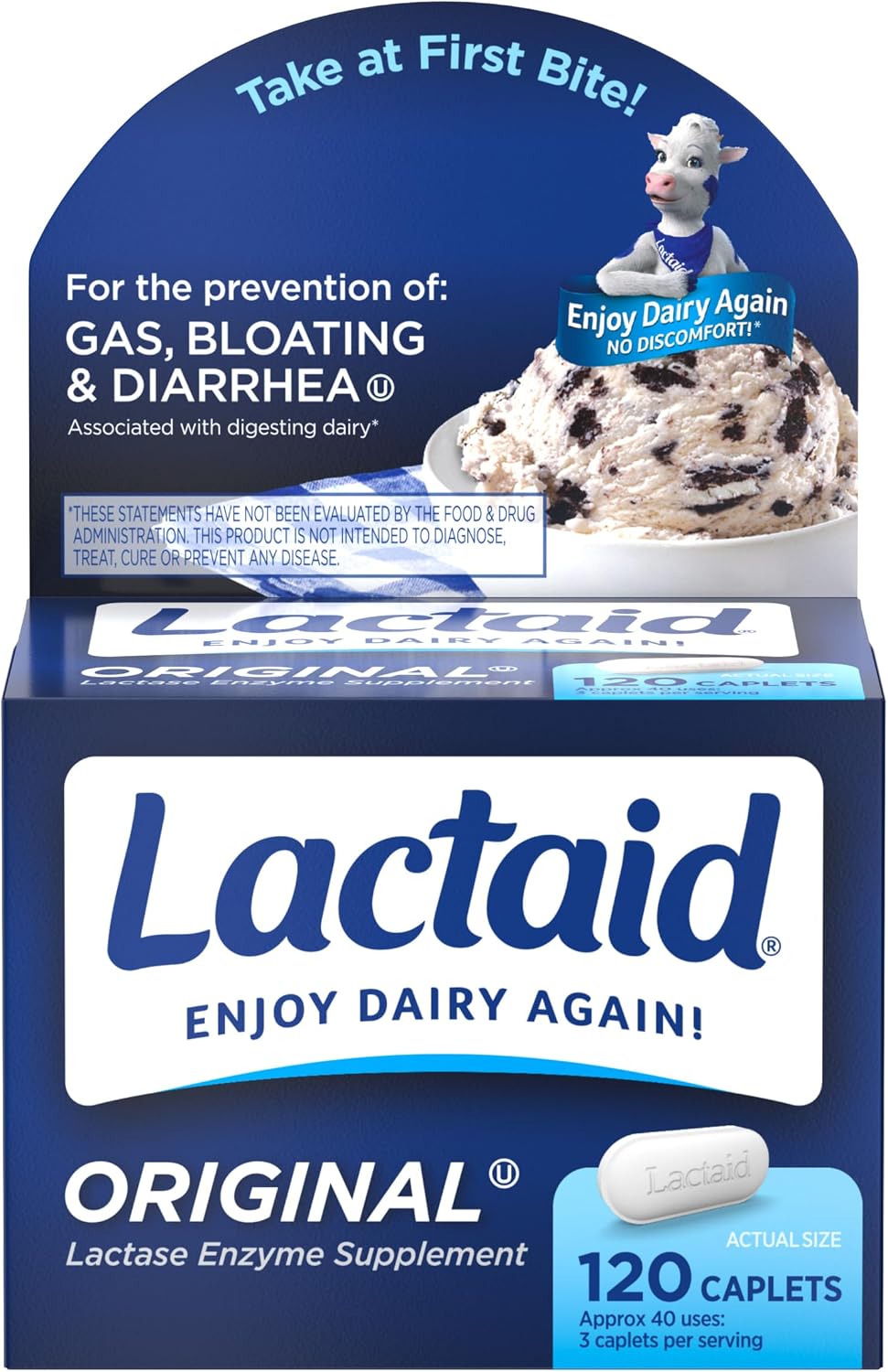 Lactaid Original Strength Lactose Intolerance Pills, 9000 FCC Natural Lactase Enzyme Dairy Relief Caplets, Helps Prevent Gas, Bloating and Diarrhea Due to Sensitivity in Adults and Kids, 120 Count