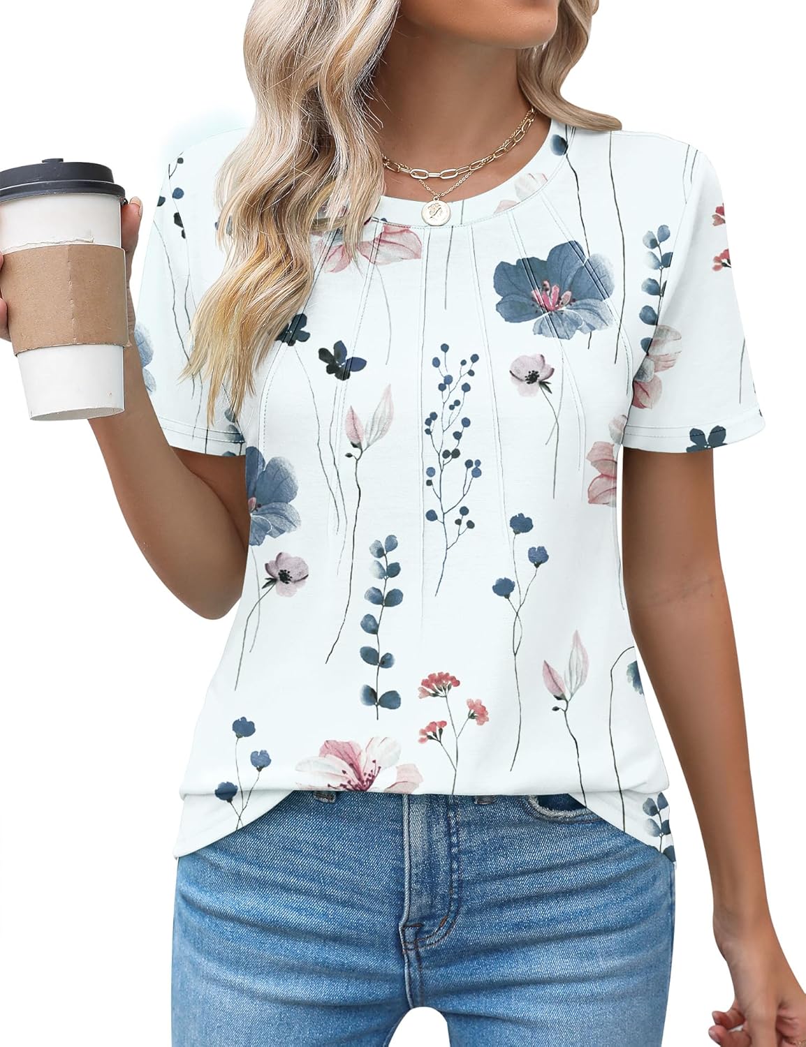 Rapbin Womens Casual Short Sleeve T-Shirts Crew Neck Pleated Tops Fashion Dressy Tunic Blouses