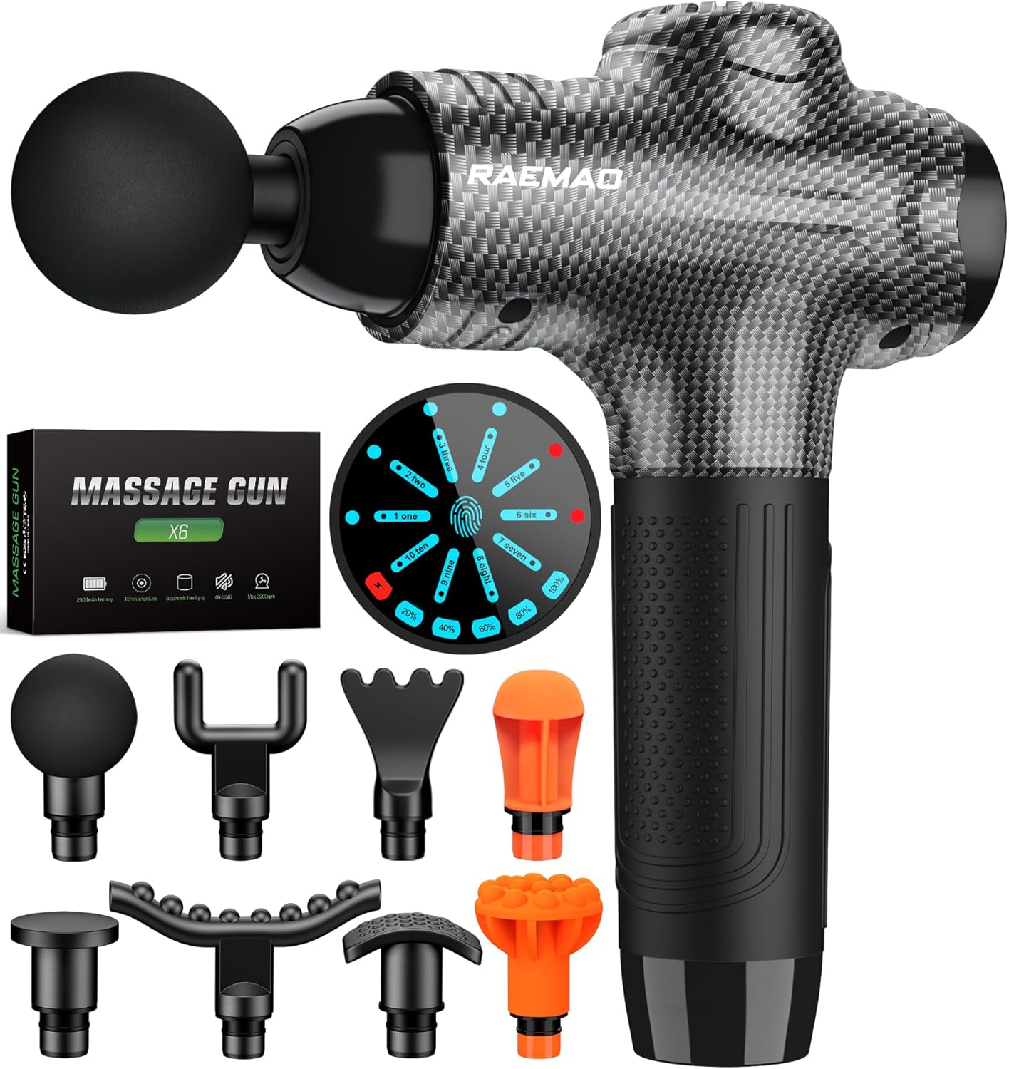RAEMAO Massage Gun, Handheld Electric Deep Tissue Muscle Massager for Athletes for Pain Relief Attaching 8 Replacement Heads, Percussion Massager with 10 Speeds, Father's Day Gifts, Carbon