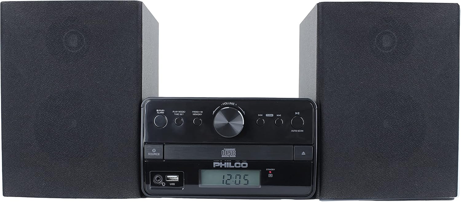 Philco Stereo Shelf Systems Tray Loading CD Player with Digital FM Radio, Bluetooth Streaming, Remote Control in Black | LCD Display | 3.5mm Headphone Jack | MP3 & AUX Port Compatible | USB Input