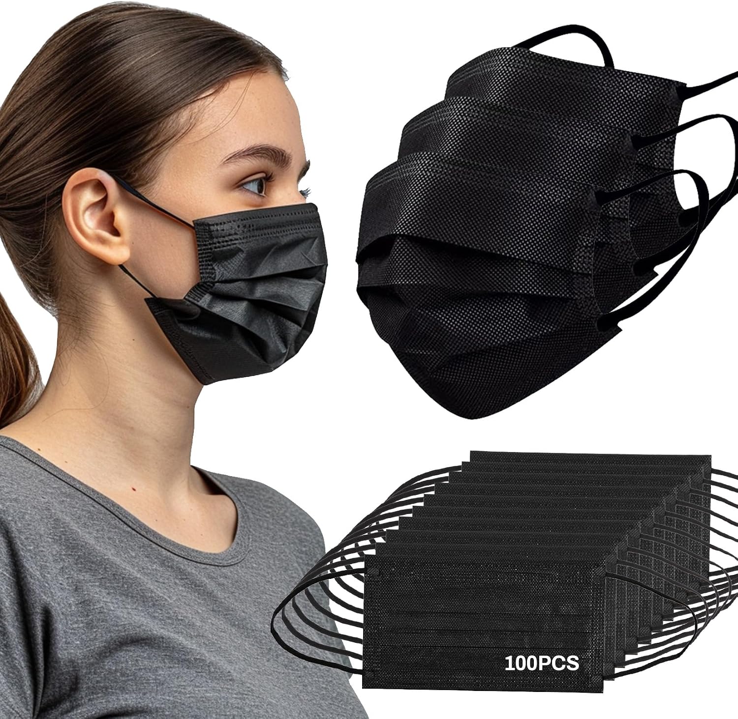 Black Disposable Face Mask - 3 Ply Black Filter Protection Masks Comfortable, Soft, Breathable Daily Use For Adults Home, Office, School,and Outdoors 100 PCS