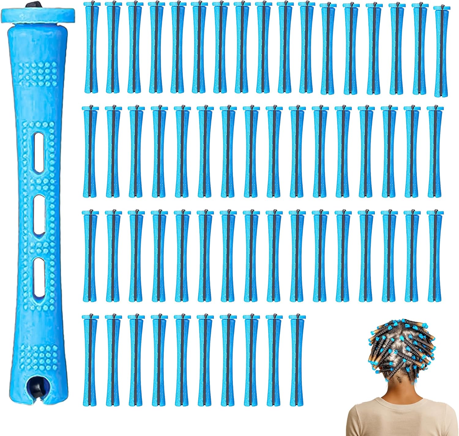 60PCS Perm Rods Pin Up Perm Kit Perm Rods with Rubbers 0.35 Inch Blue Small Size Hair Curlers Rollers for Natural Hair Long Short Hair Styling Tool Hair Curlers for Women and Men