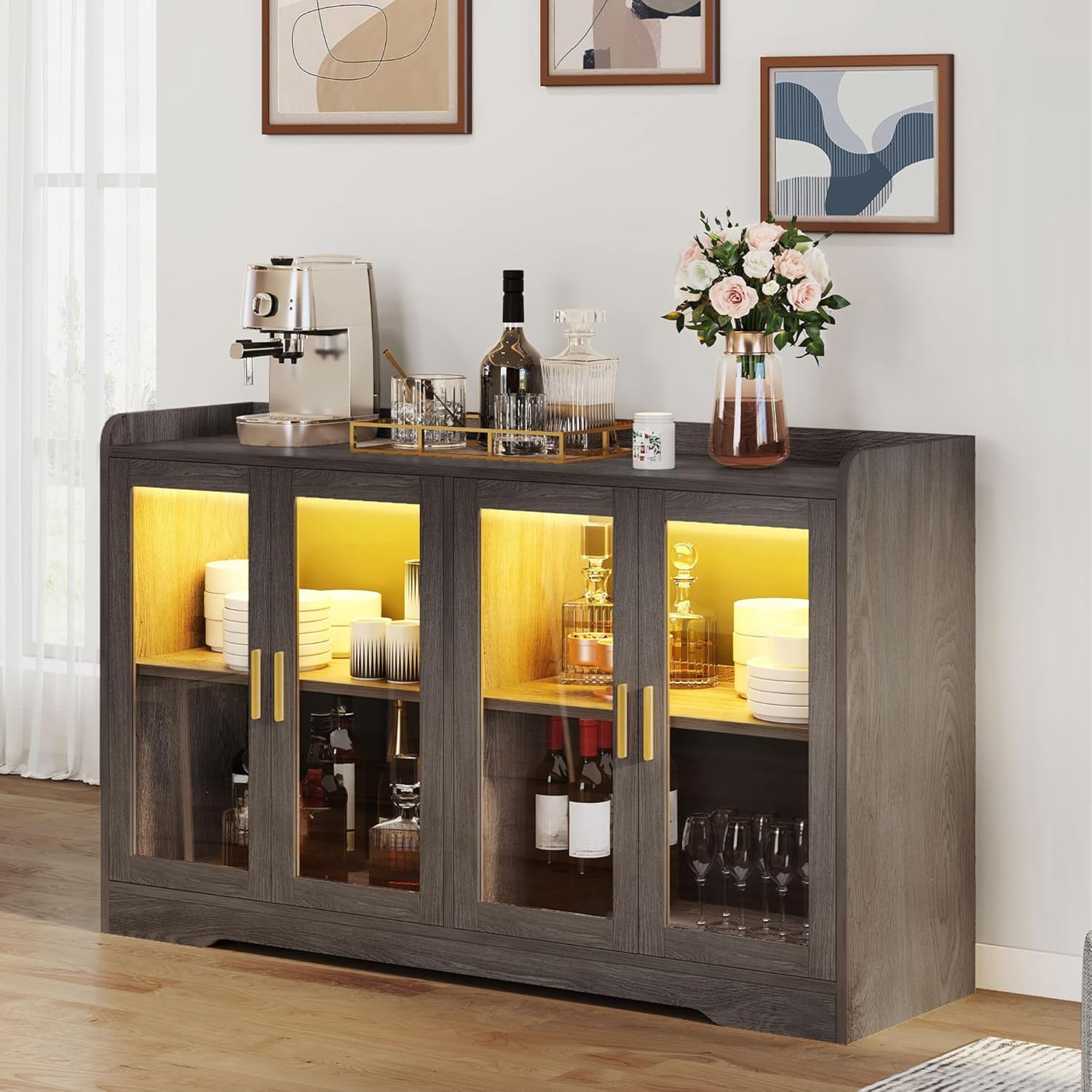 YITAHOME Home Bar Cabinet w/LED Light, 55'' Liquor Cabinet with 4 Doors, Coffee Bar Cabinet with Adjustable Shelves for Kitchen, Living Room, Charcoal Grey
