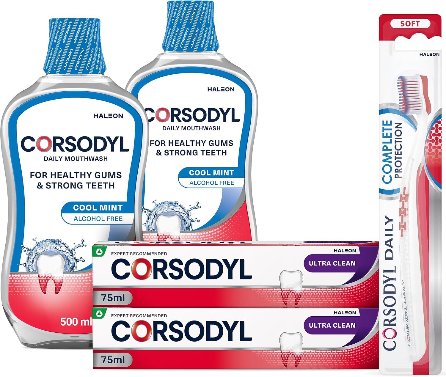 Corsodyl Gum Care Bundle for Healthy Gums: 2X Ultra Clean, 2X Daily Mouthwash Cool Mint 500ml, 1x Daily Toothbrush Soft
