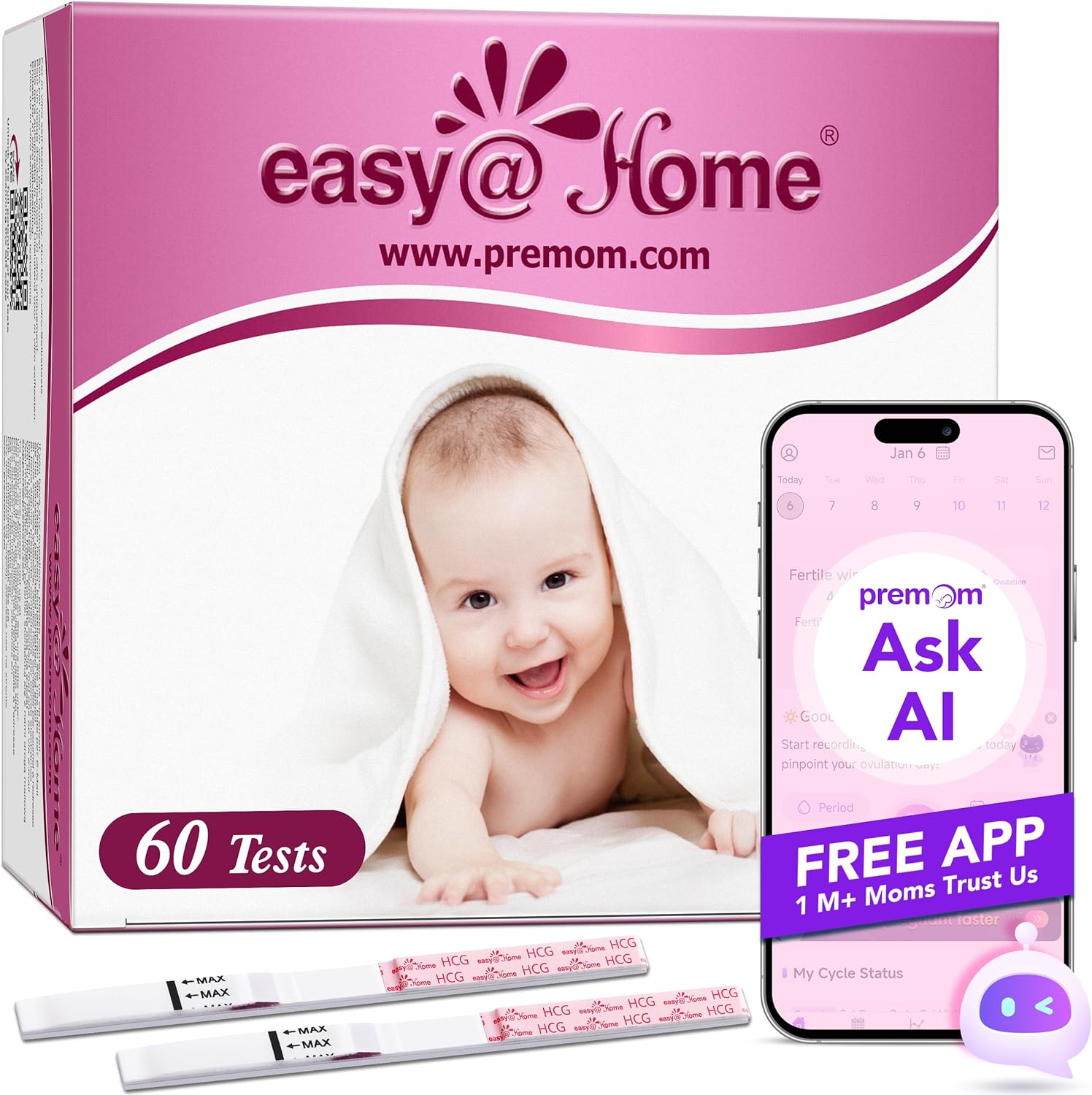 Early Detection Pregnancy Test Strips: Easy@Home 60 x Early Pregnancy Tests, 10 MIU/mL Sensitive HCG Level Tests, Accurate & Reliable Pregnancy Strips with Premom APP - Home Fertility Testing Kit