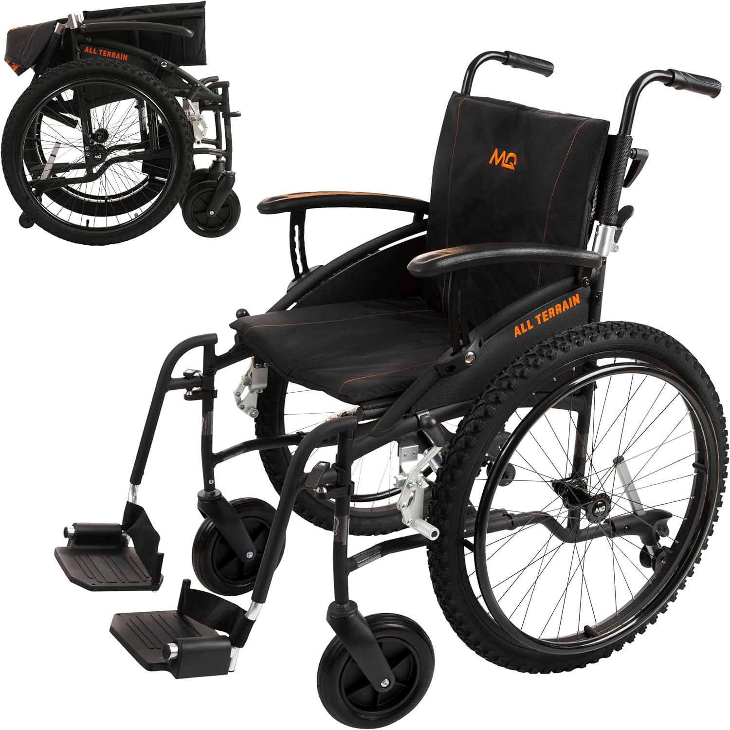 MobiQuip All Terrain Adult Wheelchair, Self-Propelled - 12.5kg Lightweight, Aluminium Frame - Black, Standard 18" Seat - Easy-Fold & Quick Release - 24" Pneumatic Tyres - Customisable Support