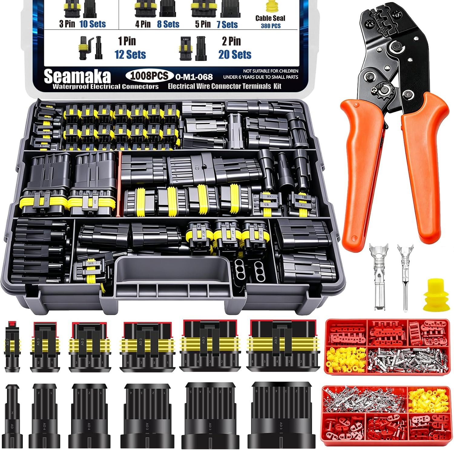 1008PCS 63 Sets Waterproof Automotive Wire Connectors Kit 1/2/3/4/5/6 Pin Automotive Replacement Electrical Accessories Plug Connectors Kit Male and Female Connector with Ratchet Crimping Tool