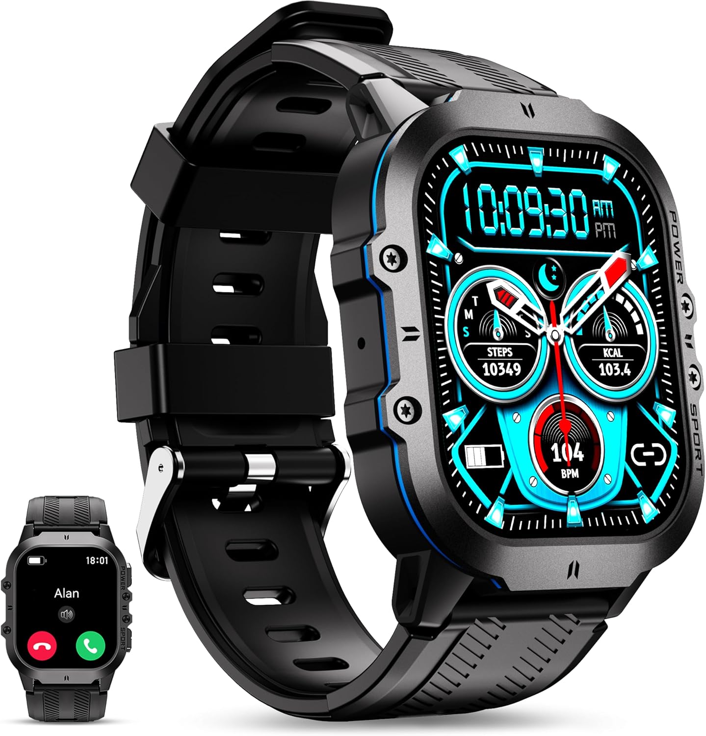 OUKITEL BT20 Military Smart Watch for Men,Fitness Tracker Smart Watches for Android/iOS,Bluetooth Call/Voice Assistant,50M Waterproof Rugged 1.96 Inch Touchscreen,100+ Sports Modes,24H Health Monitor
