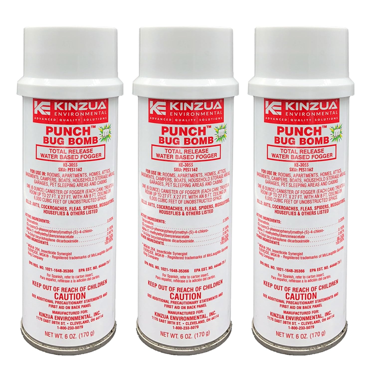 Kinzua Environmental Punch Bug Bomb, Insect Fogger Kills All Mosquito, Cockroach, Flea, Ant, Spider & More, Insect Foggers for Indoor & Outdoor Use, Non-Staining, Water-Base Formula, 6 oz, Pack of 3