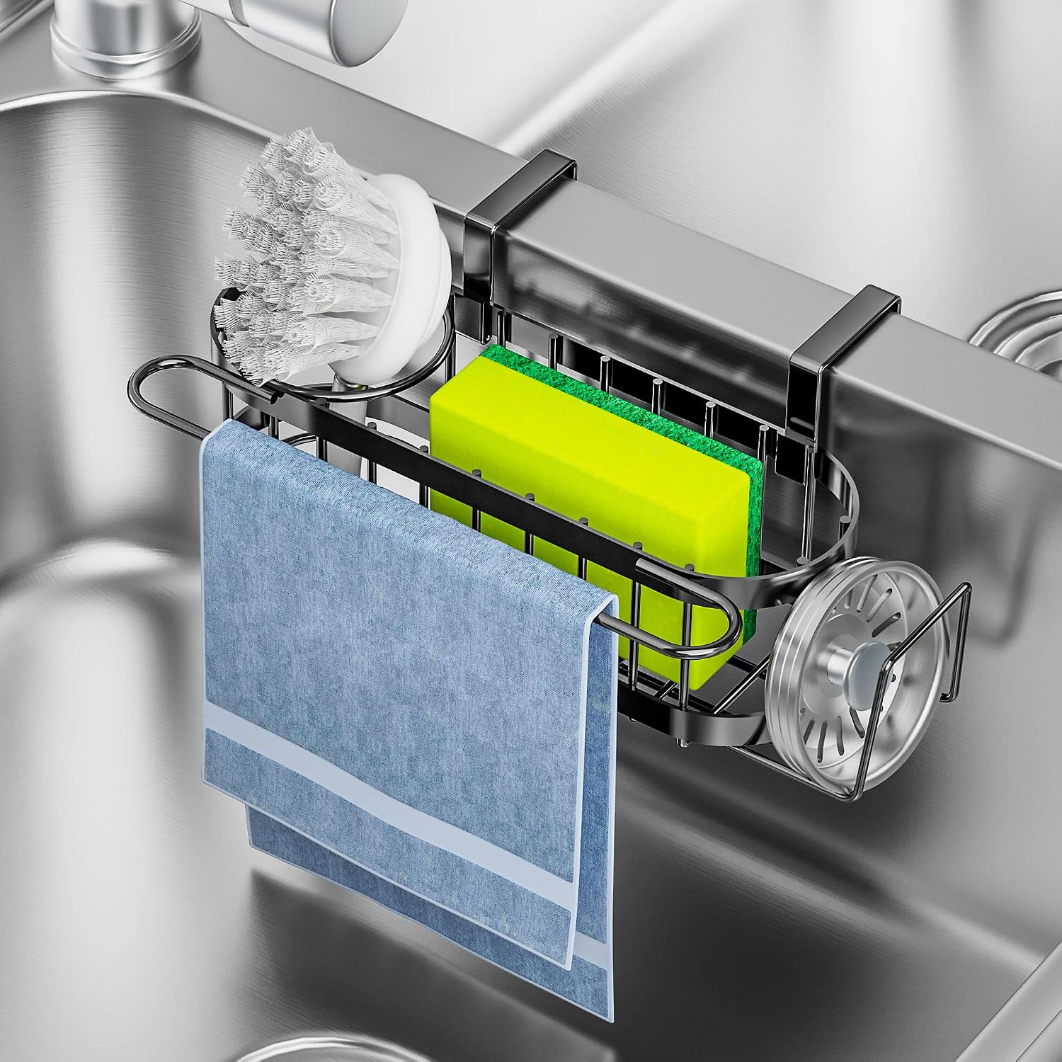 Cisily 3-in-1 Sponge Holder for Kitchen Sink Caddy (Hanging&Adhesive), Stainless Steel Movable Brush Holder + Dish Cloth Hanger, Hanging Sink Caddy Organizer, in Sink Organizer Accessories Rack