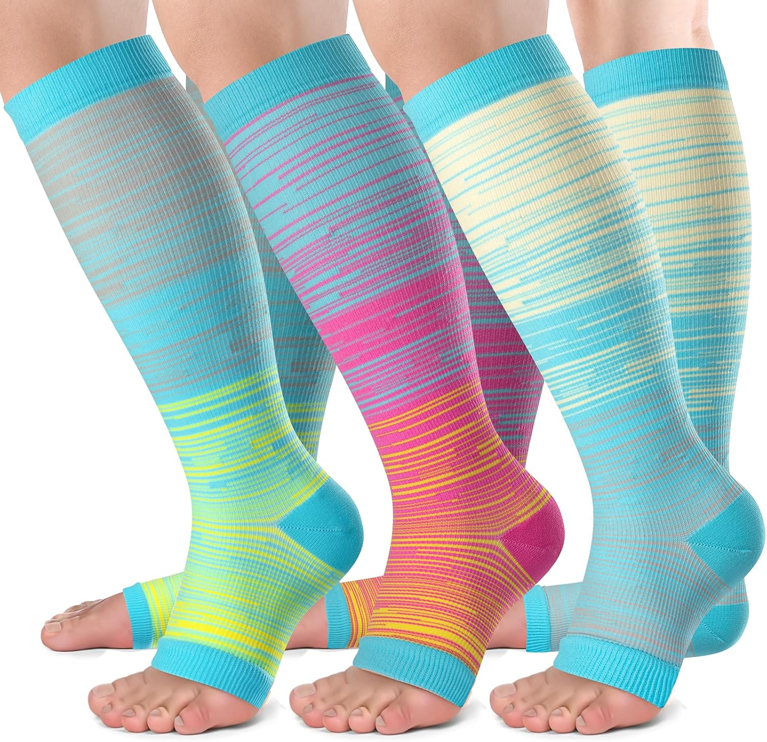 bropite Open Toe Compression Socks for Men & Women - 3 Pairs of 15-20 mmhg Knee High Stockings for Circulation Support