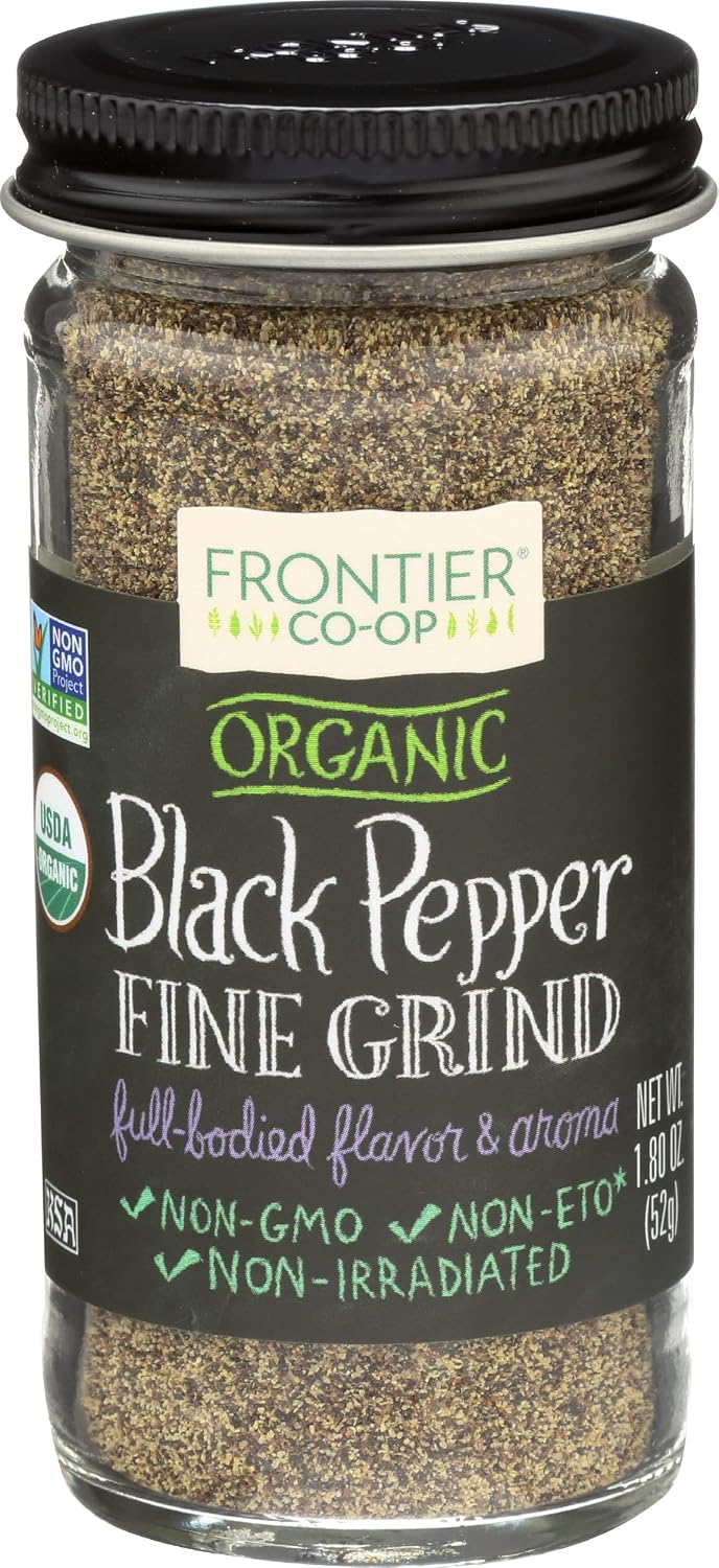 Frontier Co-op Organic Fine Ground Black Pepper, 1.8 Ounce Bottle, Full-bodied Flavor and Aroma, Kosher