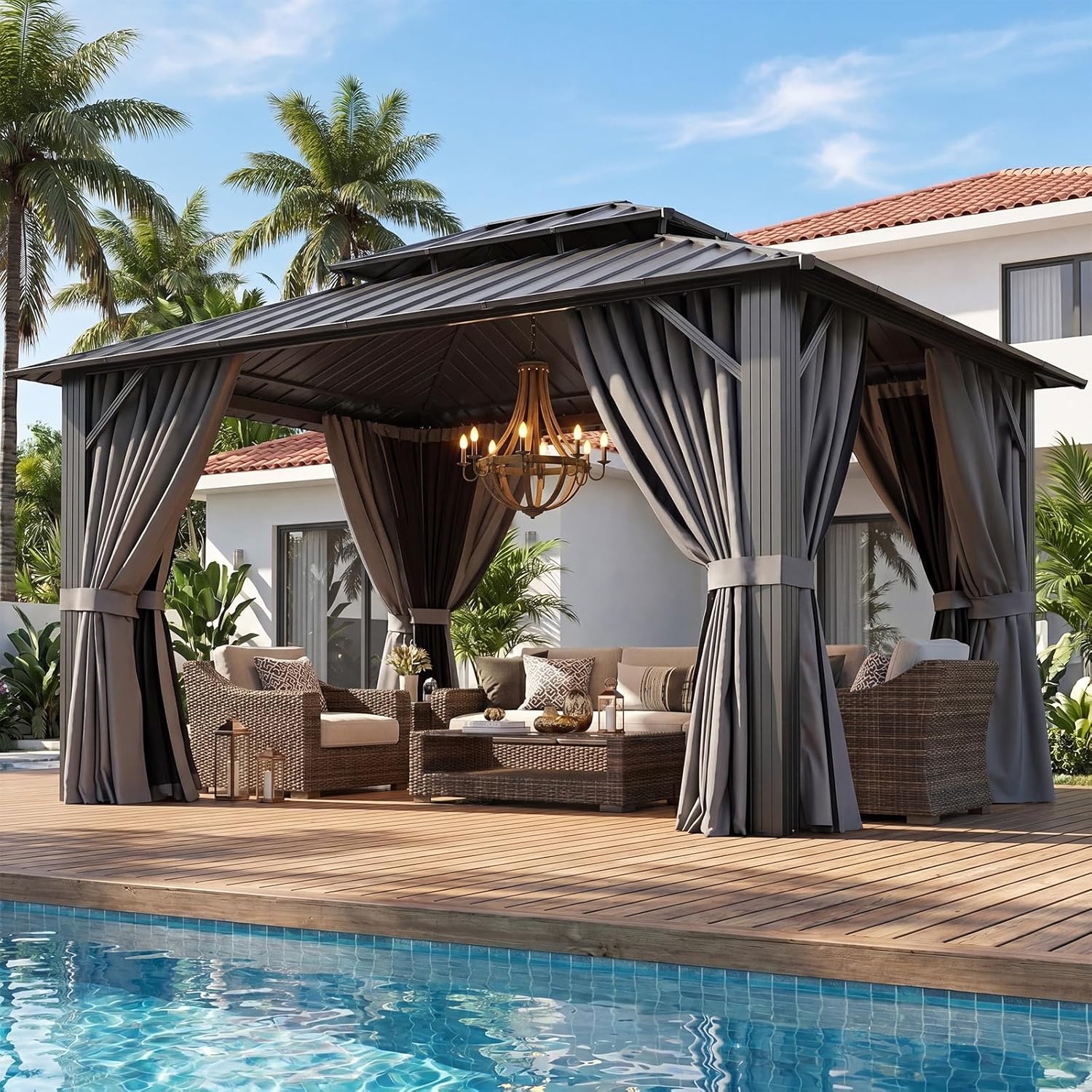Aoxun Gazebo 10x12 Hardtop Gazebo with Double Galvanized Steel Roof, Gray