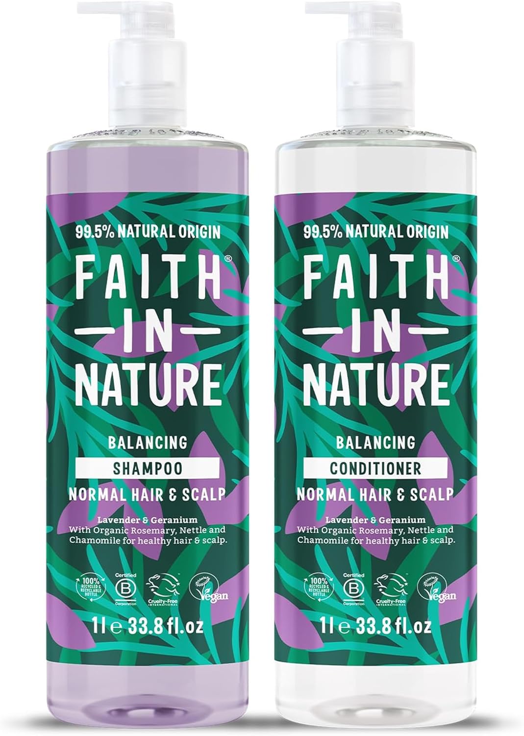 Faith In Nature 2 x 1L Natural Lavender & Geranium Shampoo and Conditioner Set, Nourishing, Vegan & Cruelty Free, No SLS or Parabens, For Normal to Dry Hair