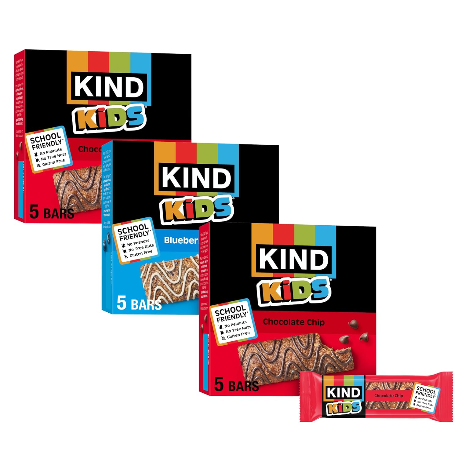 KIND Kids Granola Bars Variety Pack, Gluten Free, Low Sodium, Peanut and Tree Nut Free Snacks, Chocolate Chip, Blueberry Muffin, 5g Protein, 15 Count