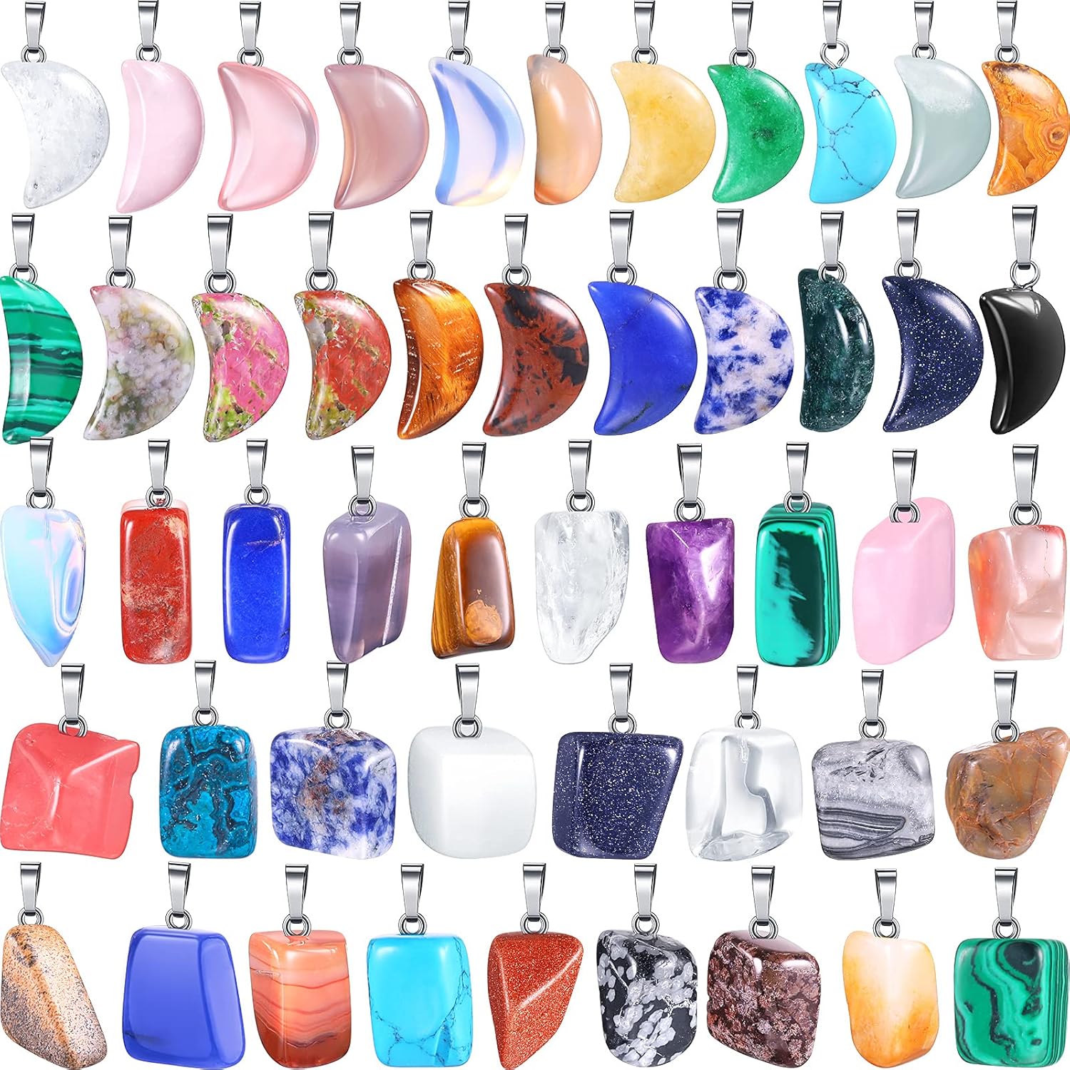 Jadive 50 Pieces Crystal Stone Pendants Gemstone Charms Irregular Healing Chakra Beads Moon Shape Pendants Natural Gemstone Beads Quartz Charms for DIY Bracelets Necklaces Earrings Jewelry Making