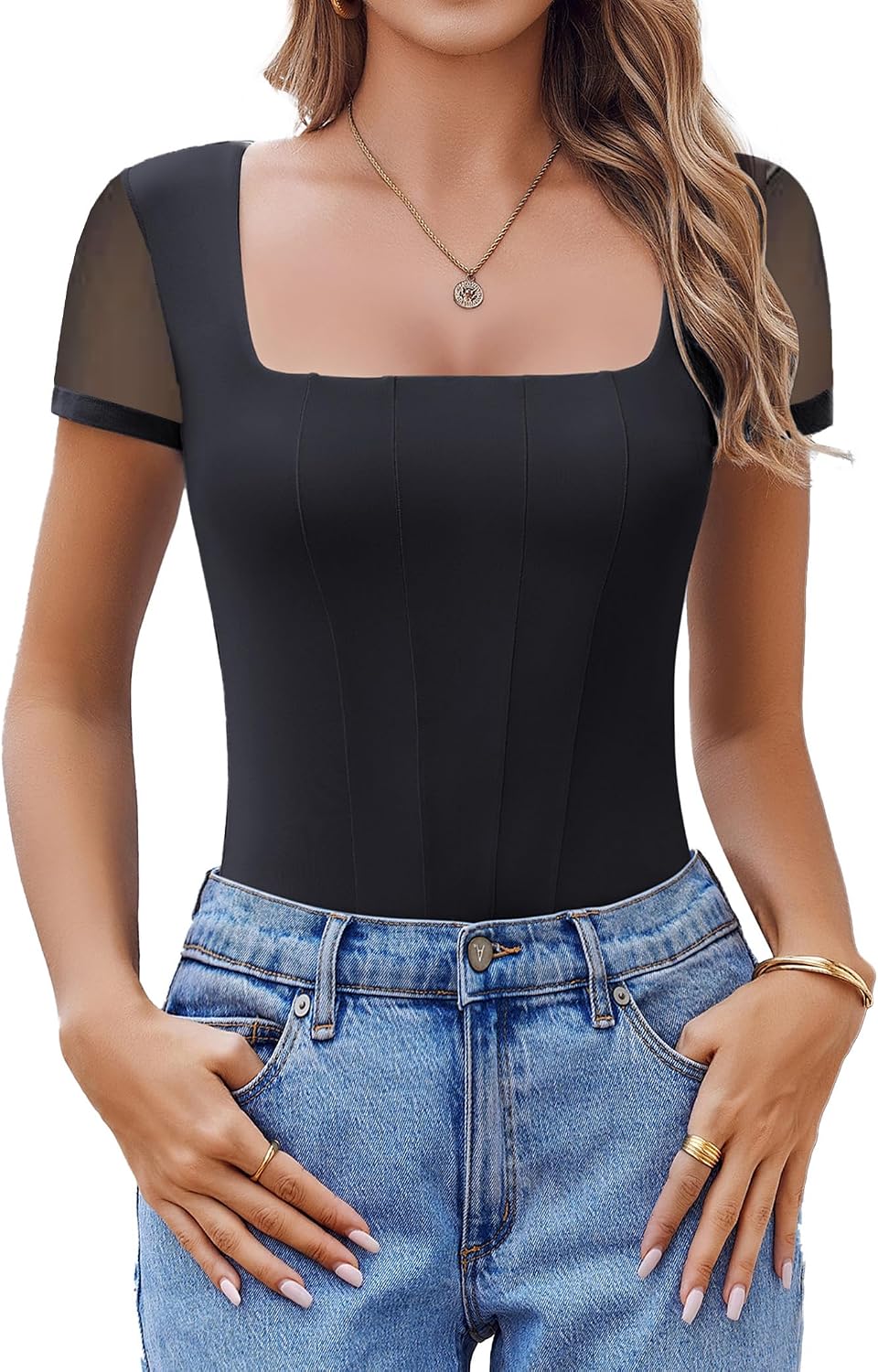 Avidlove Women's Short Sleeve Bodysuits Sexy Square Neck Body Suit Mesh Double Lined Tshirt Leotard Tops Going Out