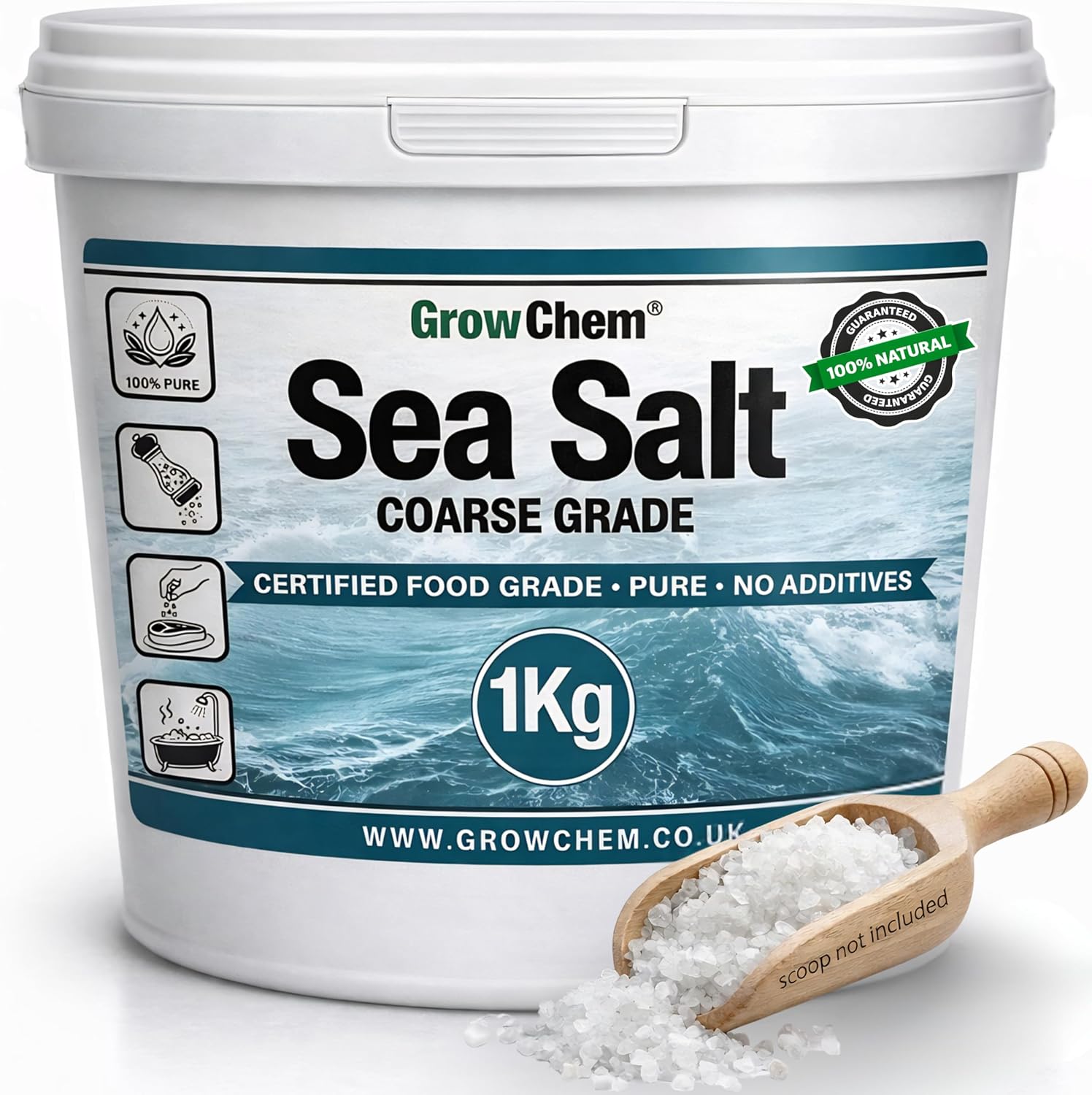 Natural Sea Salt (1Kg Bucket) Pure Coarse Sea Salt Crystals, 100% Natural Salt, Gluten Free, Vegan and Kosher Certified for Cooking, Seasoning, Bath, Beauty and Salt Grinders