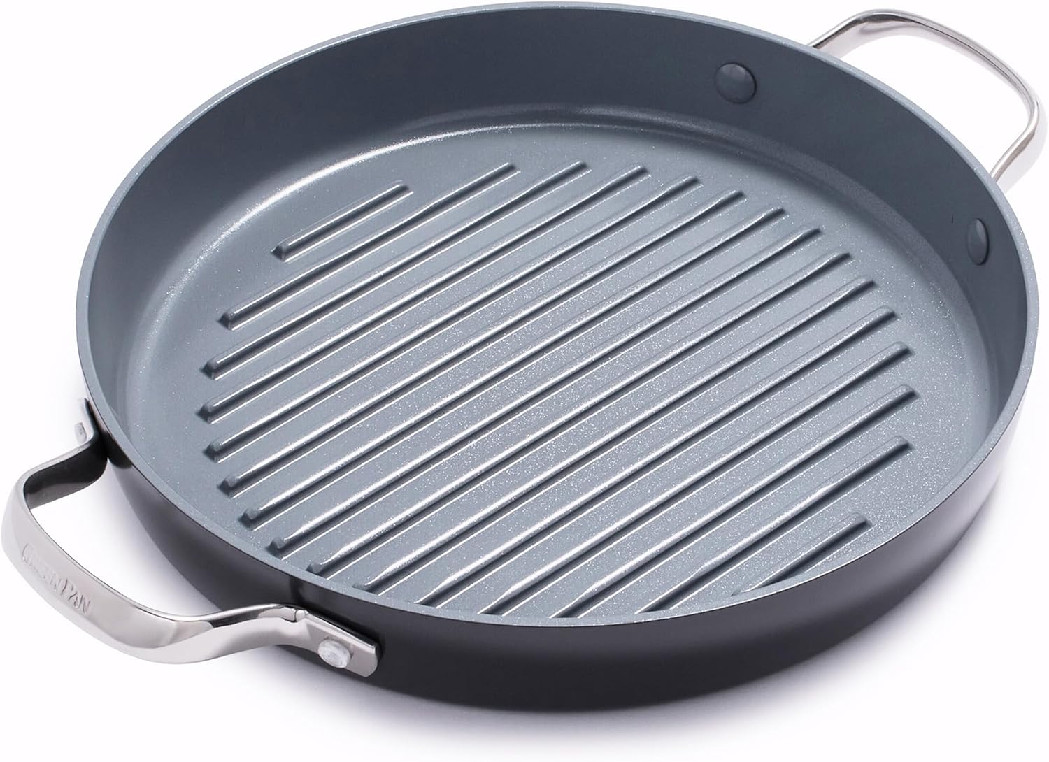 GreenPan Valencia Pro Hard Anodised Healthy Ceramic Non-Stick 28 cm Round Grill Pan, PFAS-Free, Induction, Oven Safe, Grey, Stainlesssteel
