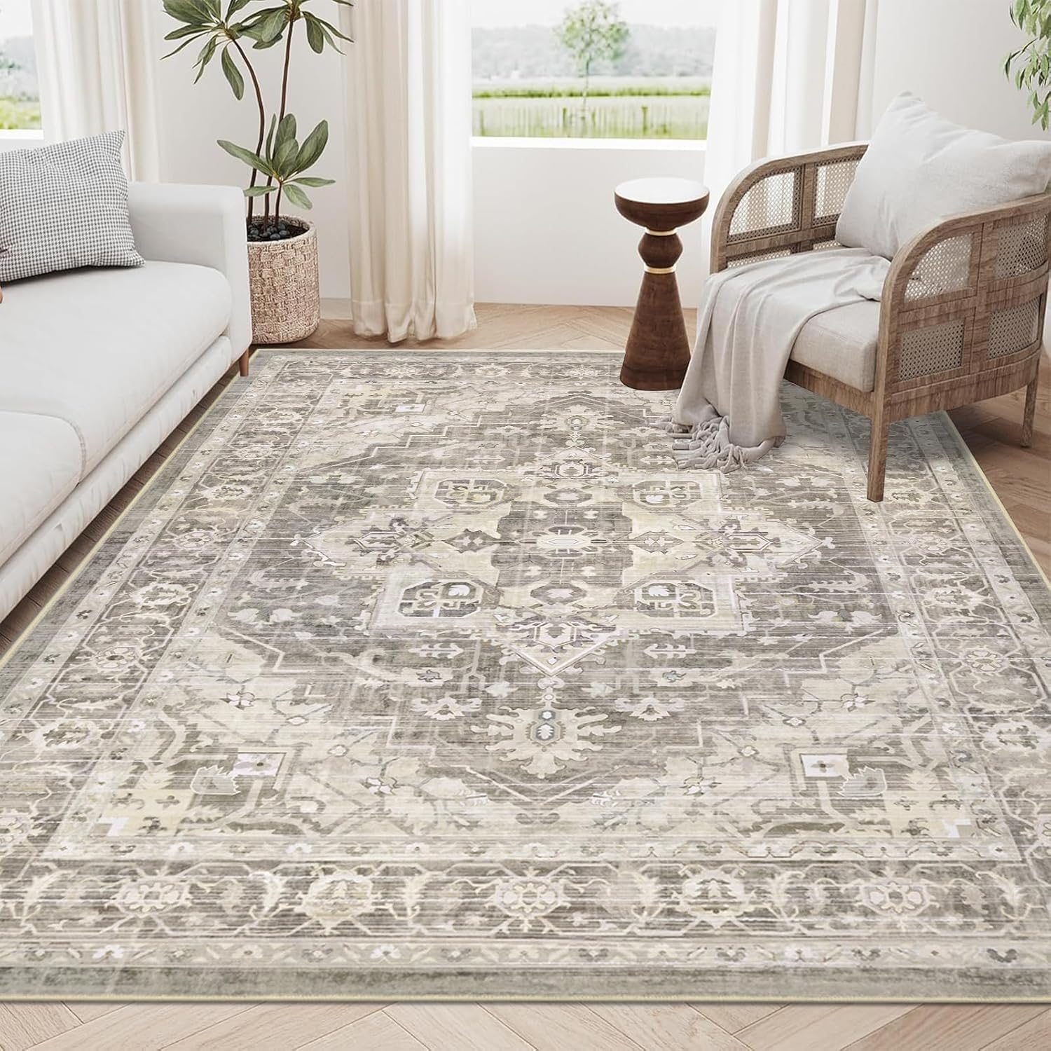 SHACOS Washable Area Rug, Large Boho Living Room Area Rugs, Soft Vintage Bedroom Rug Carpet, Non Slip Low-Pile Distressed Accent Rug for Dining Room Entryway Dorm, Natural Brown Sage, 120 x 180 cm