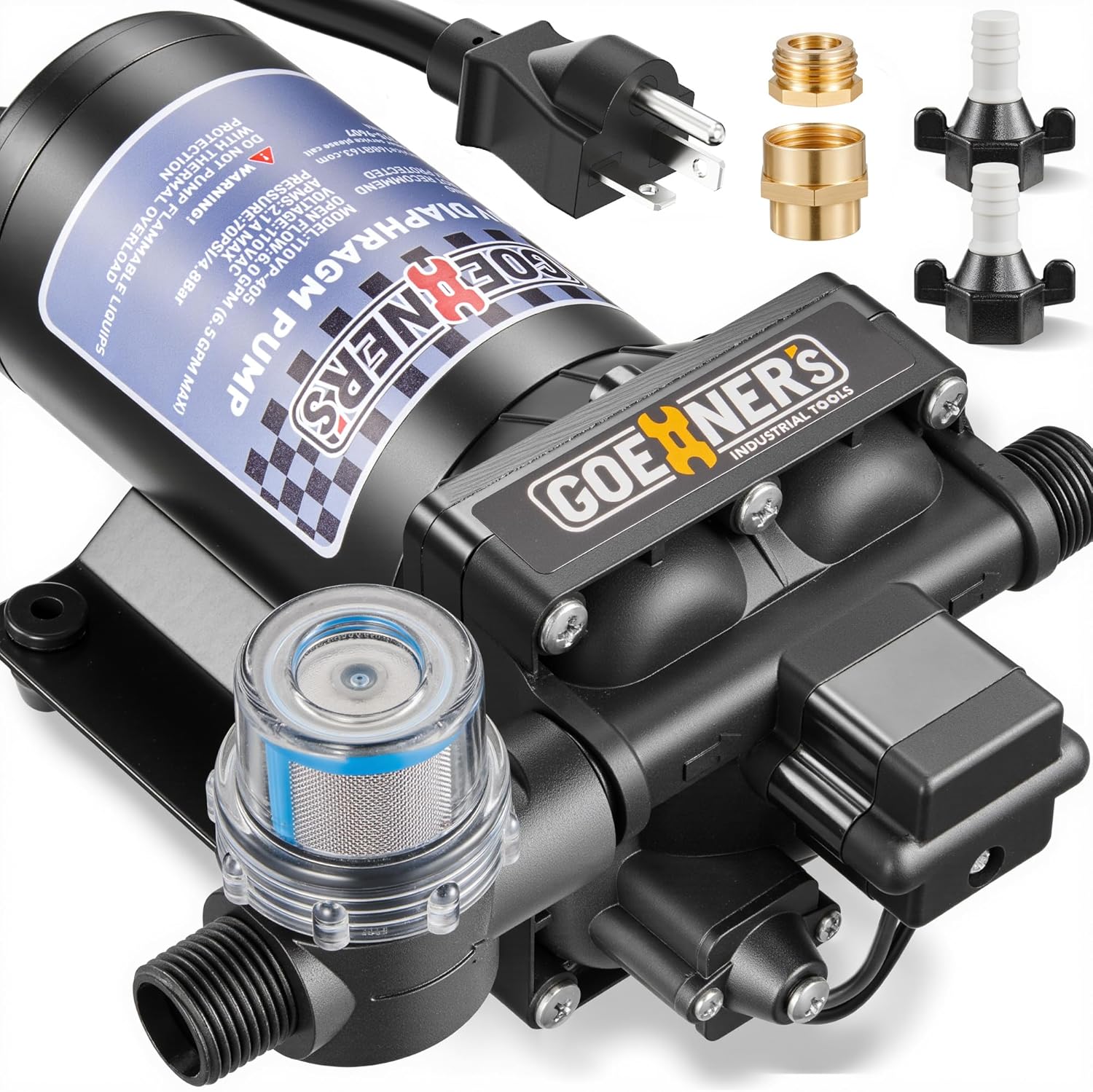 [Upgraded Version] 110V AC Fresh Water Pump, 6GPM 70 PSI Self-Priming Diaphragm Water Pump with Power Plug, Pressure Switch, Brass Connector and Strainer, for Kitchen Bathroom Garden Hose