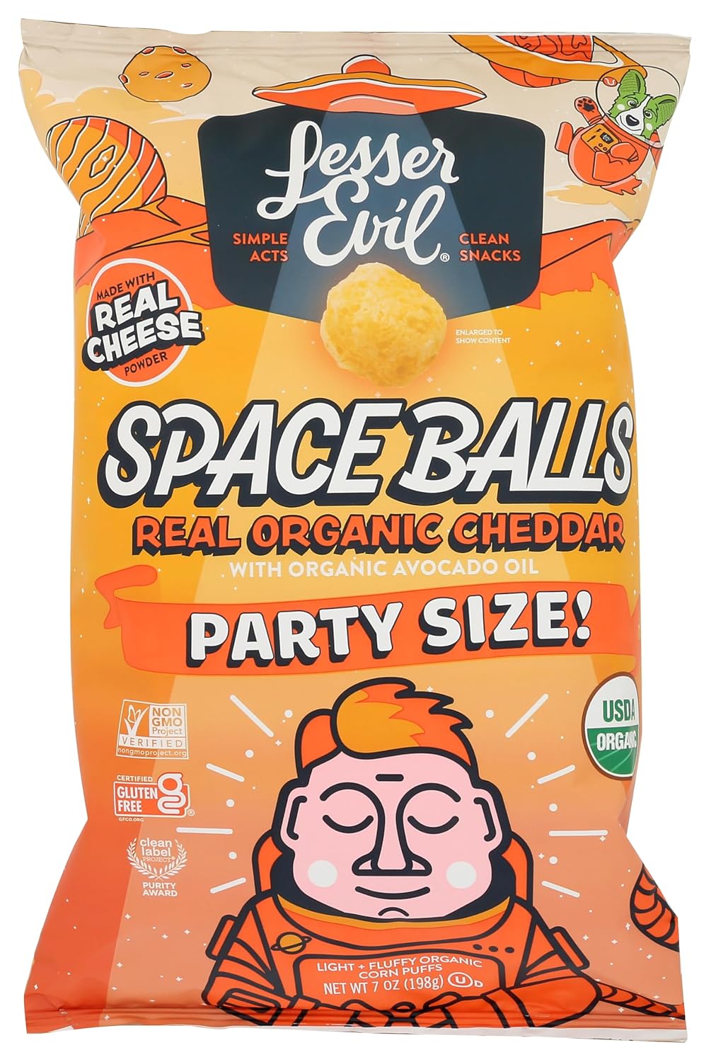 Lesserevil Organic Real Cheddar Space Ball Puffs Party Size, 7 OZ