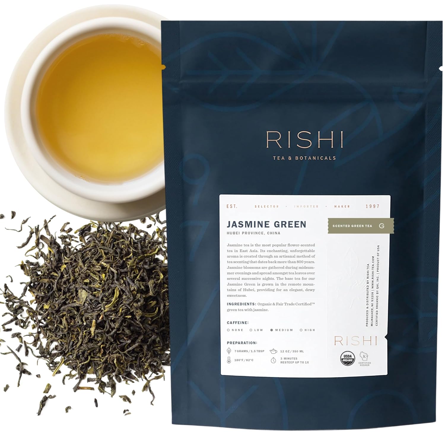 Rishi Tea Jasmine Organic Chinese Green Loose Leaf Tea, Caffeinated, 4oz | Floral Aroma and Taste, Jasmine Flower, Calm, Sustainable, 16+ Servings