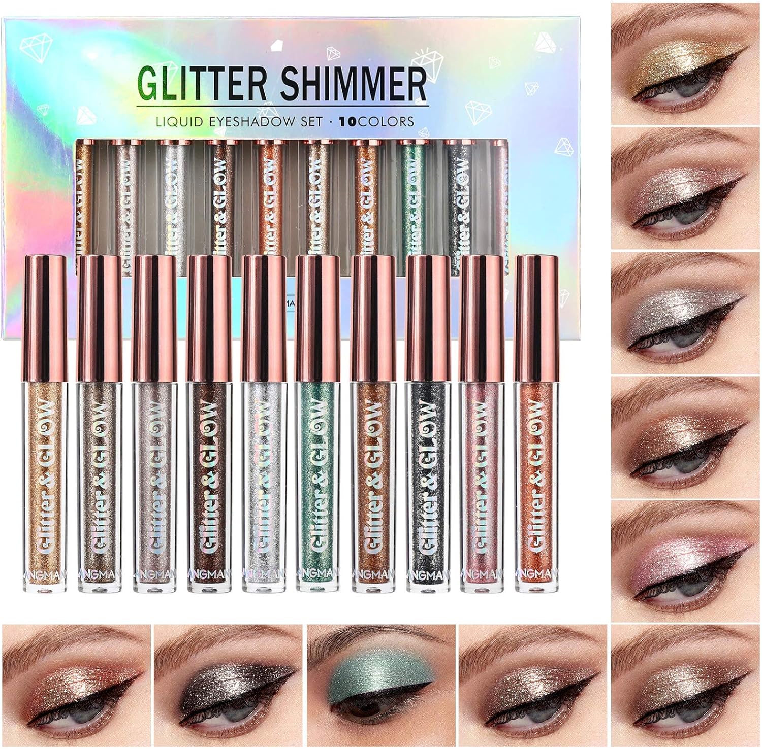 10 Pcs Liquid Glitter Eyeshadow Metallic Shimmer&Sweatproof Makeup Set, Matte Glitter Pressed All Highly Pigmented Blending Powder,Perfect For Every Woman & Girl (10pcs)