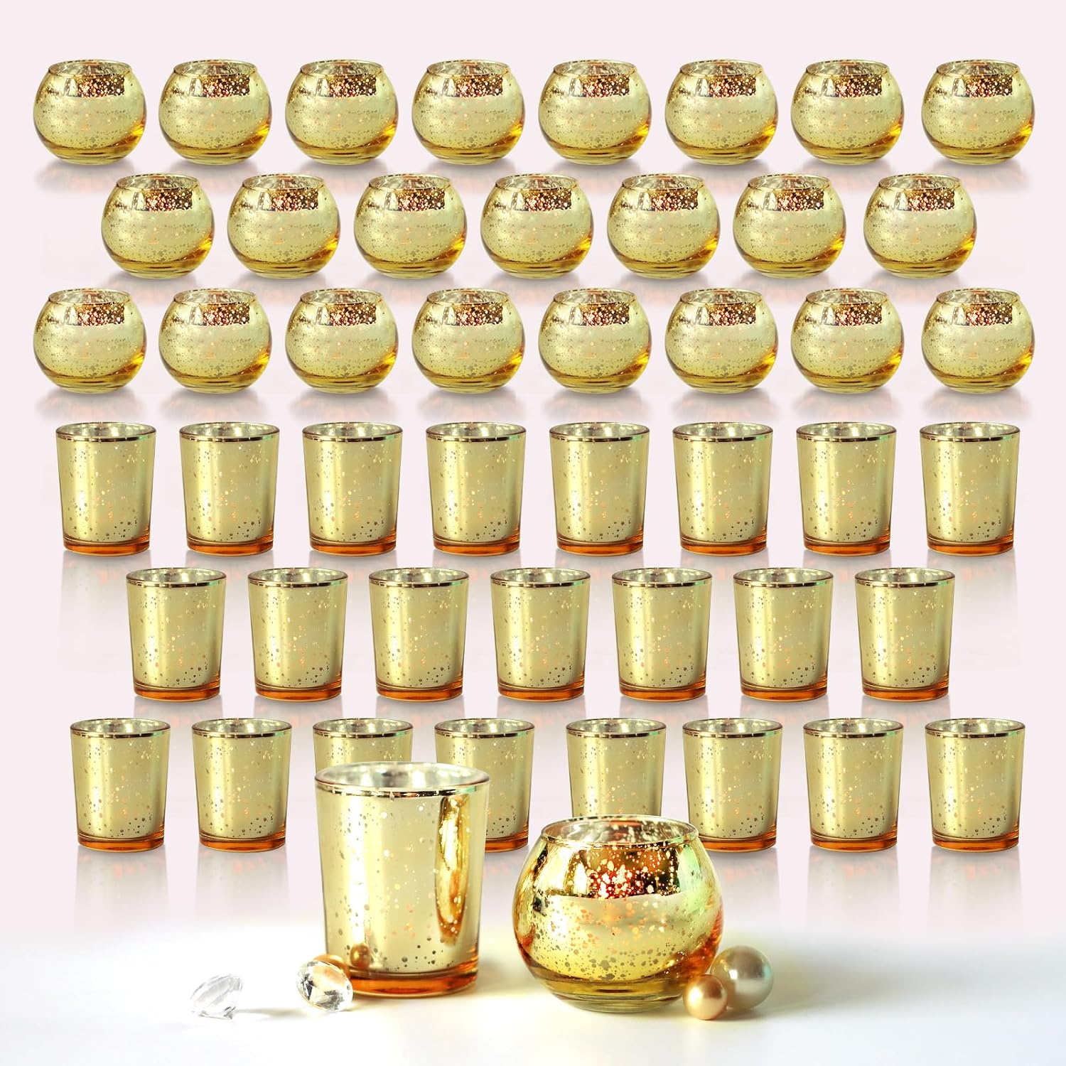 48pcs Assorted Gold Votive Candle Holders Bulk for Table Centerpieces,Mercury Glass Candle Holder for Tea Lights,Wedding Decorations, Christmas/Diwali Decorations for Home,Gold Party Supplies