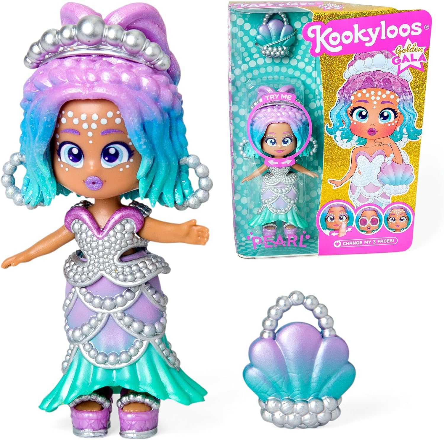 KOOKYLOOS Golden Gala PEARL Series, Collectable doll Pearl, 3 different faces, fashionable clothes, shoes and 1 accessory