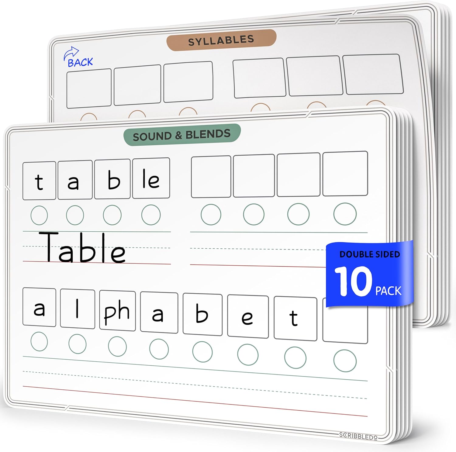 SCRIBBLEDO Phonemic Awareness Sounds & Blends Dry Erase Sheets 9”x12” Phonics Learning English Syllables Letter Practice Homeschool Teacher Student Supplies Classroom Pack of 10