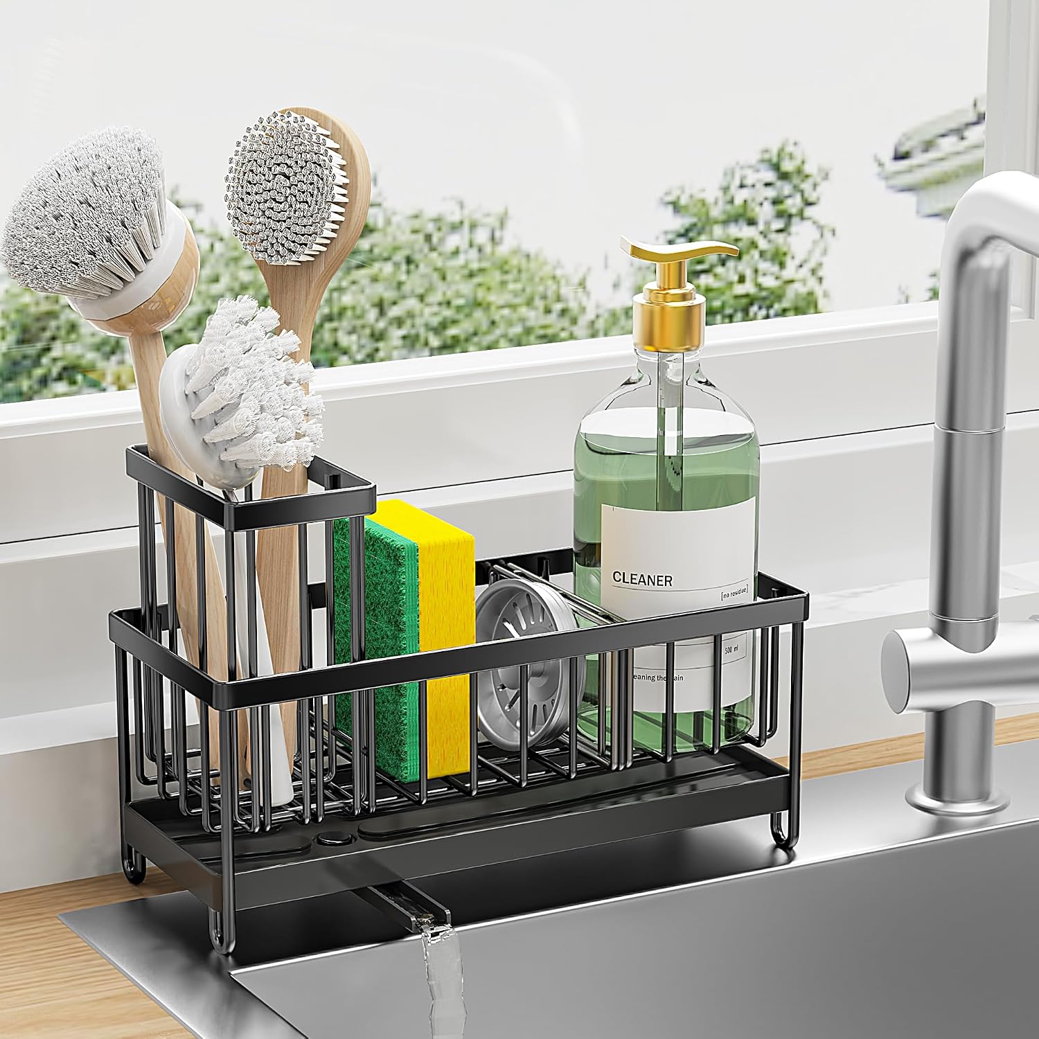 Cisily Sink Organizer, Kitchen Sink Caddy with Rotatable Spout, Rustproof Stainless Steel, Black, Soap Dispenser, Brush Holder, Countertop Space Saver
