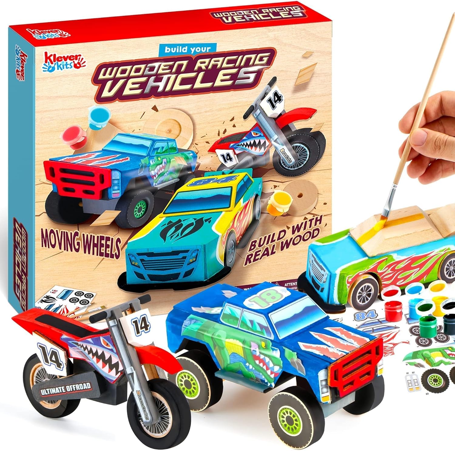 Klever Kits Craft Kit Build & Paint Your Own Wooden Race Car Art & Craft Kit DIY Toy Make Your Own Car Truck Toy Construct and Paint Craft Kit Presents