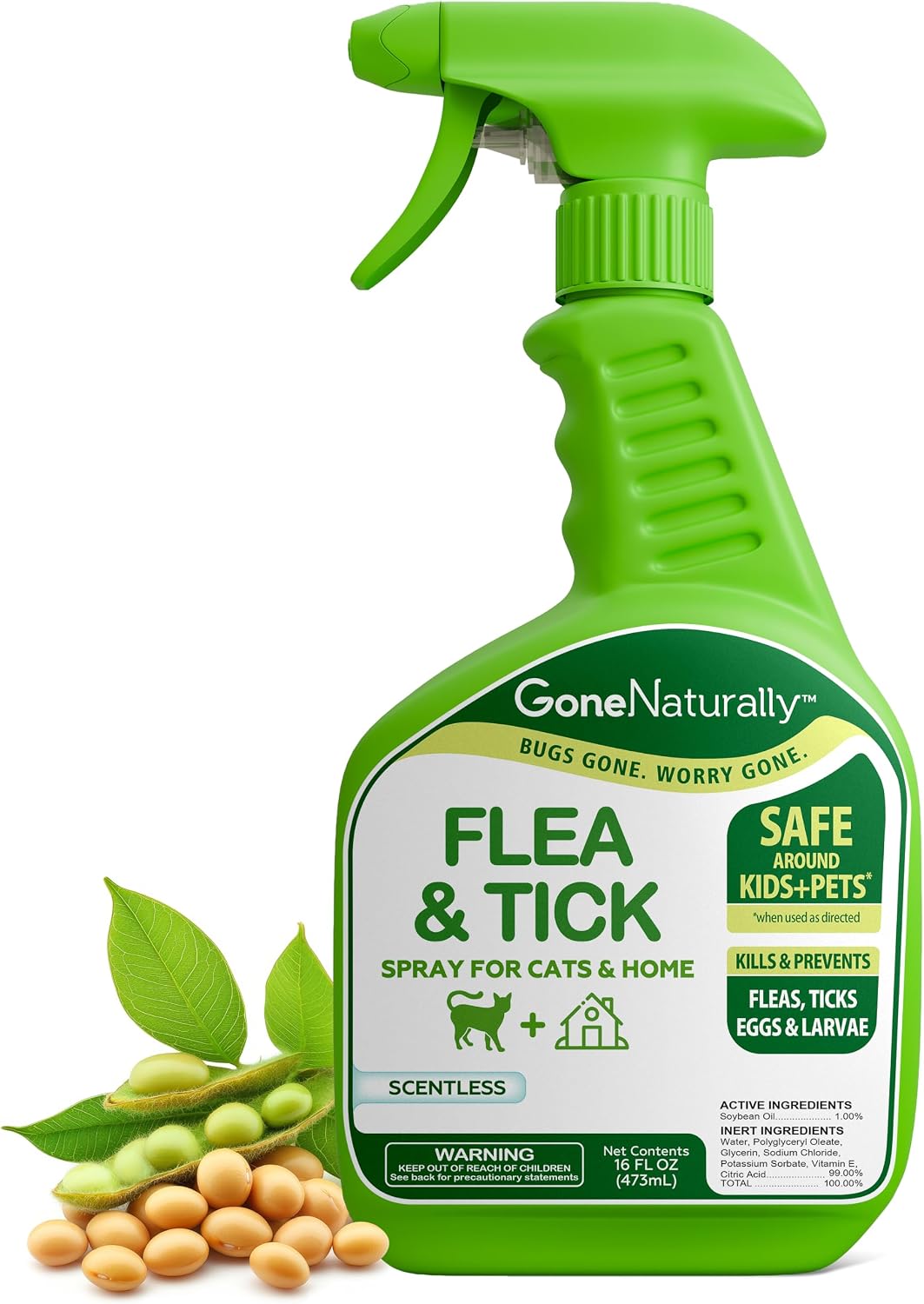 Flea and Tick Spray for Cats & Home – Scentless Soybean Oil Cat Flea Spray for Home, No Essential Oils – Kills Fleas, Ticks, Eggs & Larvae on Fur, Carpets, Bedding & Furniture (16oz)