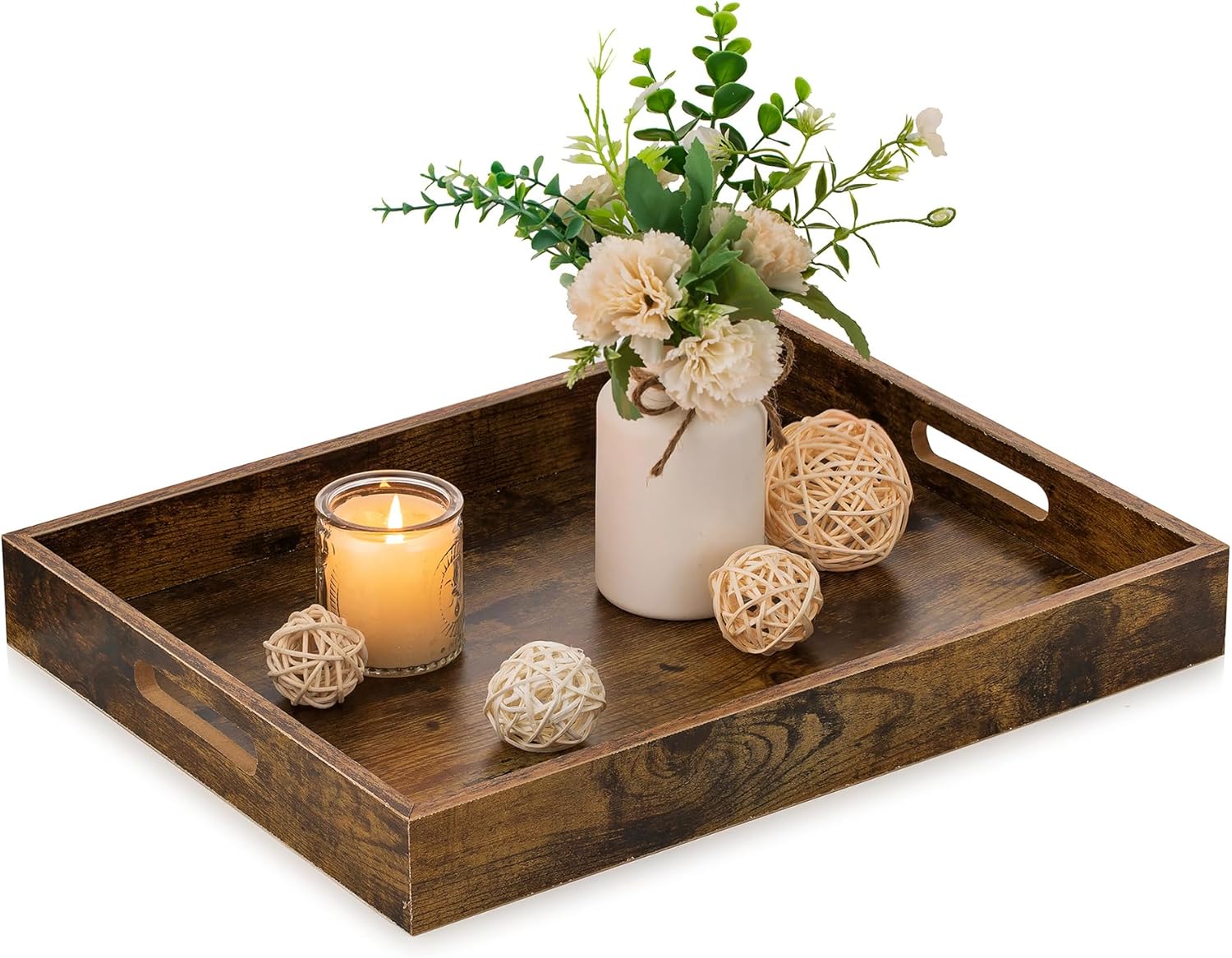 Hanobe Rectangular Decorative Wooden Tray: Rustic Brown Rectangle Trays Decor with Cutout Handles for Coffee Table Ottoman Living Room Kitchen Home Decor
