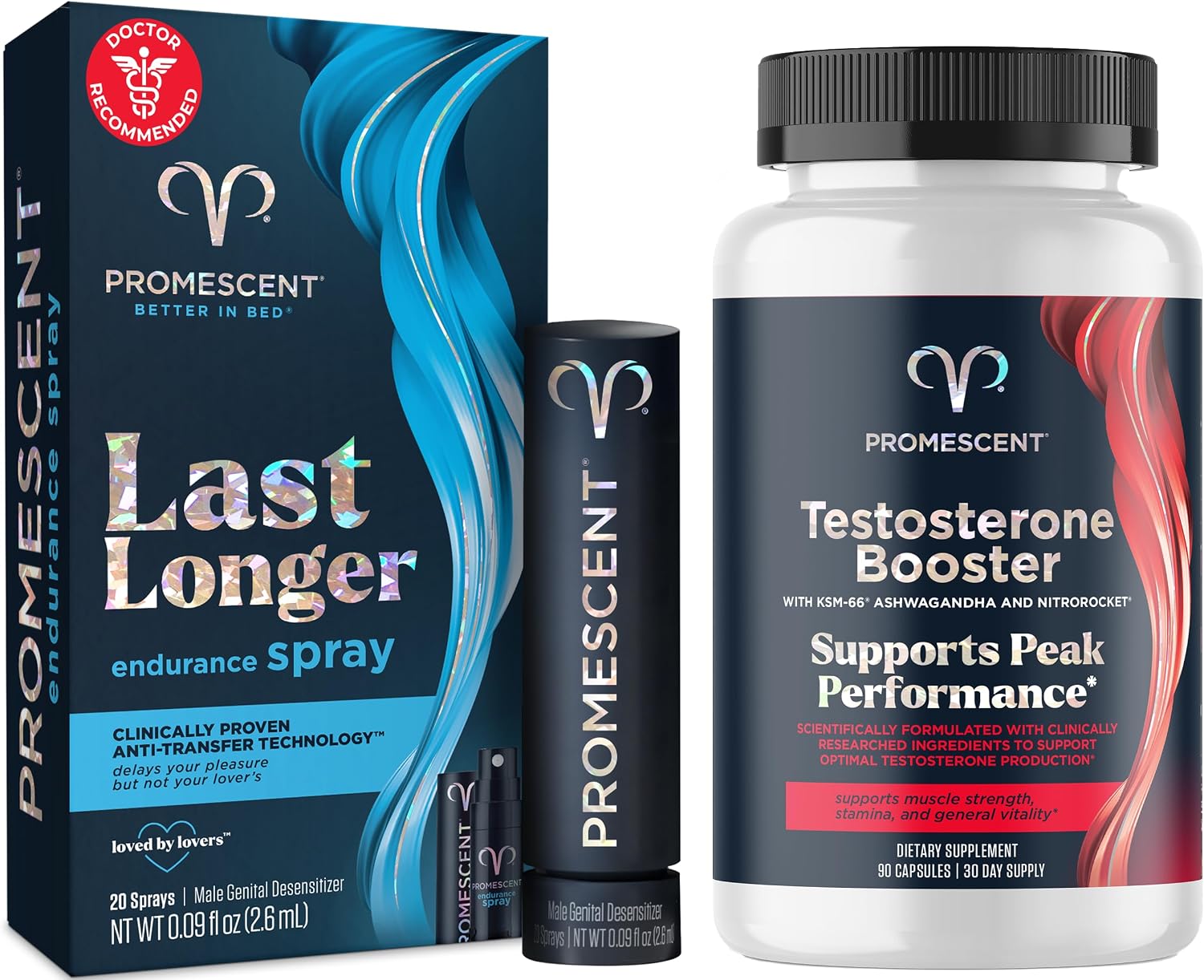 Promescent Desensitizing Delay Spray for Men Clinically Proven to Help You Last Longer in Bed, Prolong Climax for Him, 2.6 ml + Testosterone Booster for Men Supplement with KSM-66 Ashwagandha