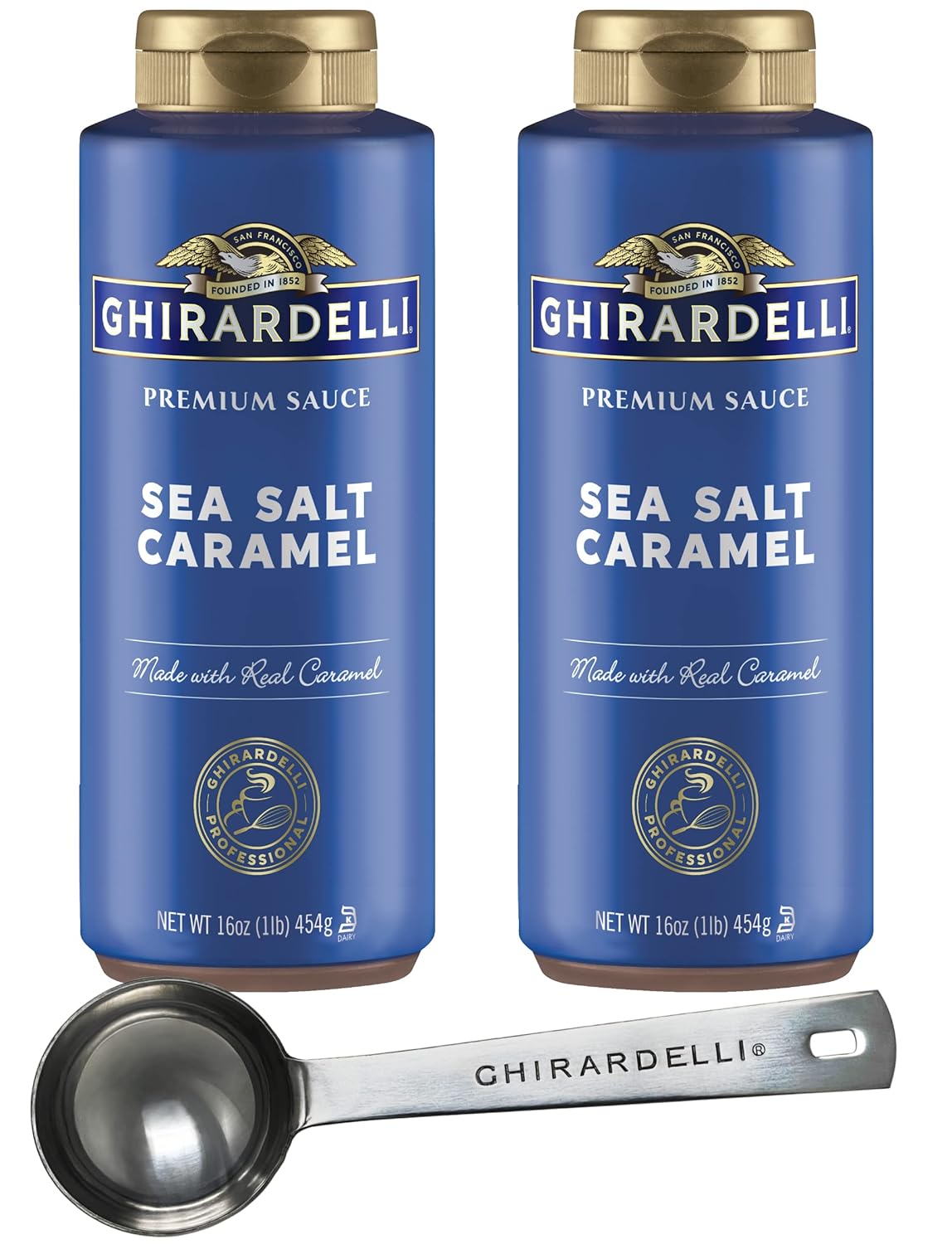 Ghirardelli Sea Salt Caramel Premium Sauce 16 oz Squeeze Bottle (Pack of 2) with Ghirardelli Stamped Barista Spoon