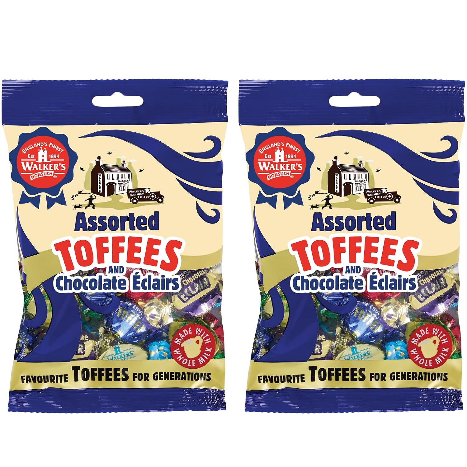 Walkers' Nonsuch Assorted English Toffees & Chocolate Éclairs – British Candy Mix with English Creamy Toffee, Milk & Dark Chocolate Covered, Banana Split & Eclairs – 5.29 Oz (Pack of 2)
