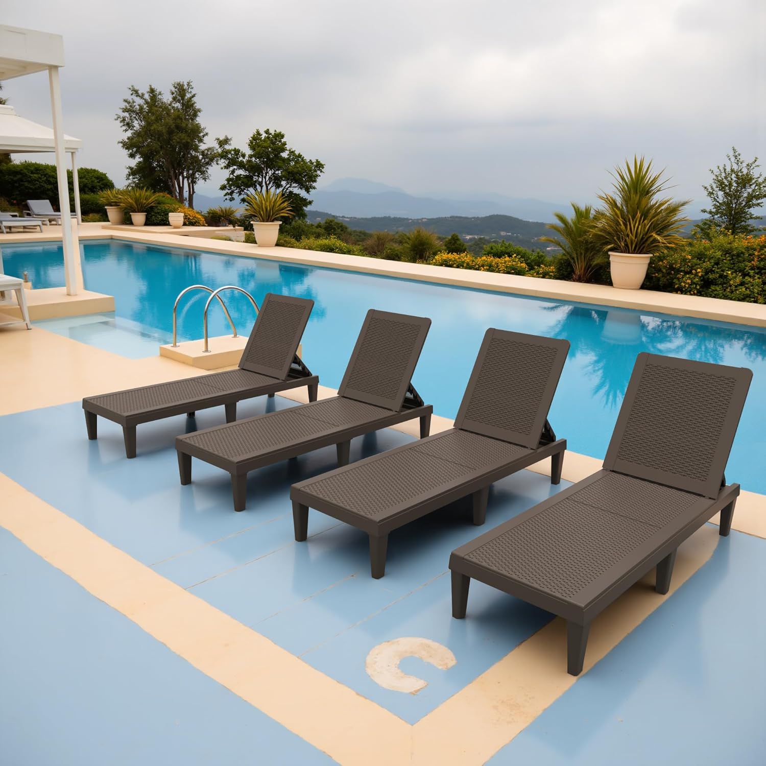 Greesum Outdoor Chaise Lounge Chairs Set of 4 with 5-Position Adjustable Backrest, Waterproof PP Sun Loungers for Garden Pool Beach Patio Deck Sunbathing, Brown