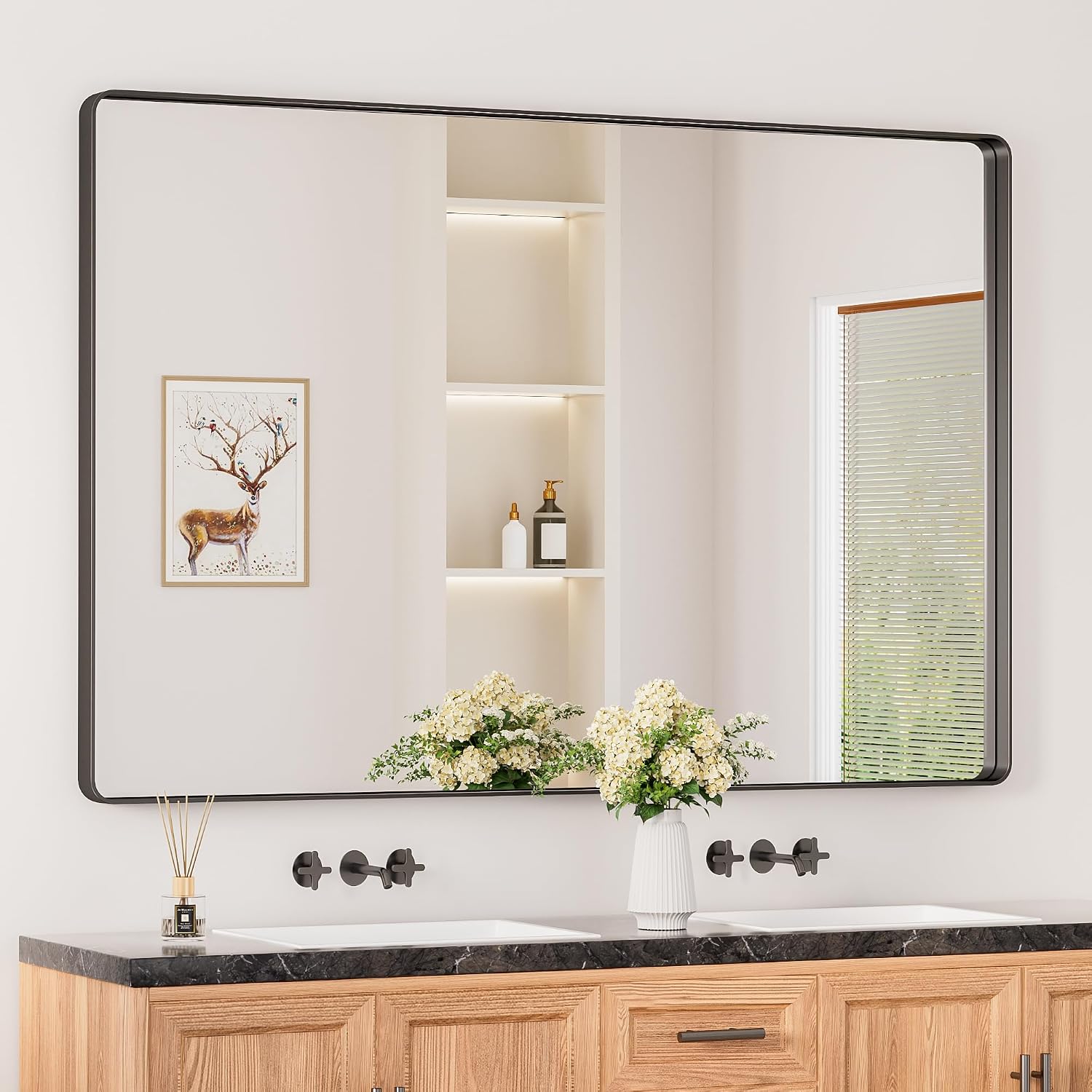 Keonjinn Black Bathroom Mirrors for Over Sink, 60 x 40 Inch Large Rounded Rectangle Bathroom Vanity Mirror, Matte Black Farmhouse Wall Mirror, HD Tempered Glass, Seamless Aluminum Alloy Frame Mirror