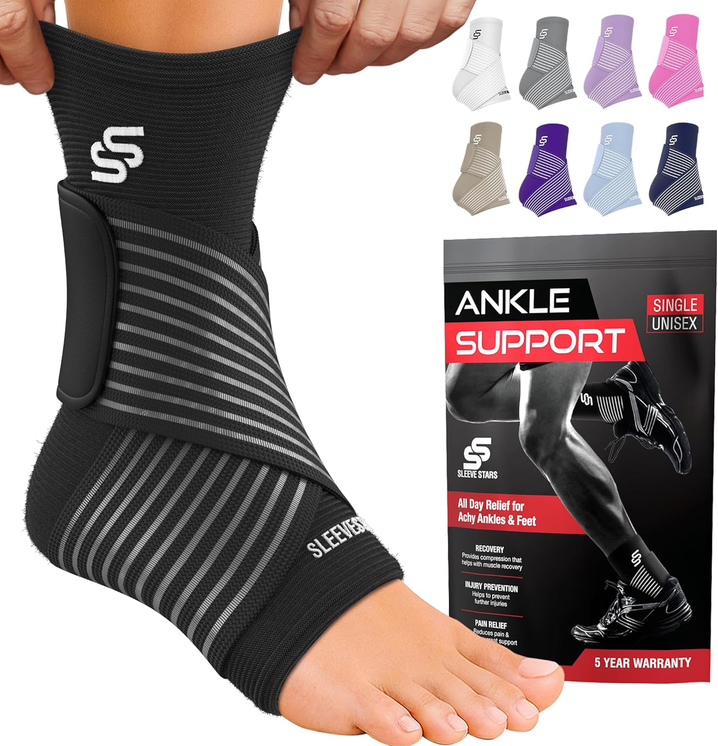 Sleeve Stars Ankle Brace for Women & Men, Ankle Wrap for Sprain, Compression Sleeve for Plantar Fasciitis Relief, Easy Customizable Support: w/Removable Strap (Single/Black)